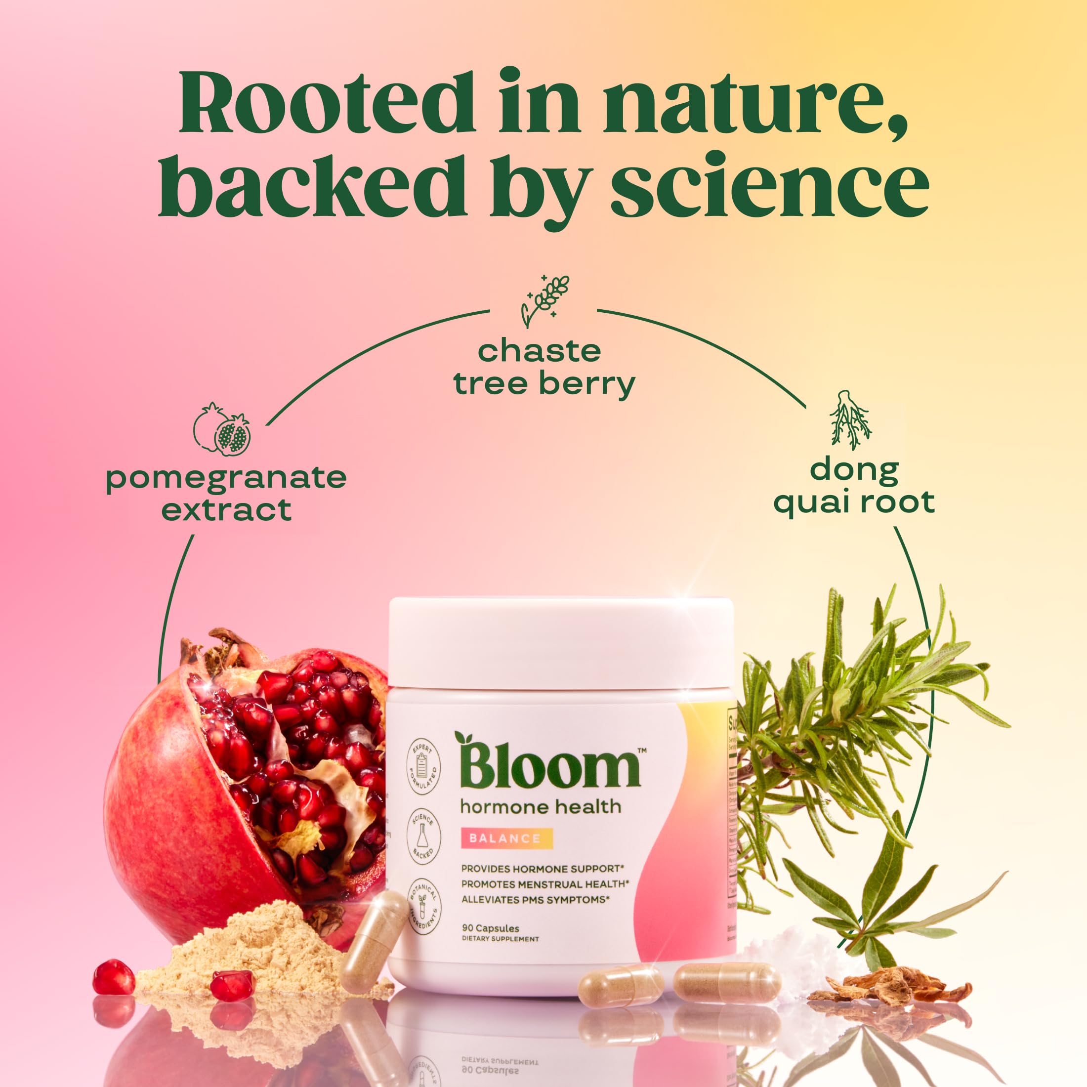 Bloom Nutrition Hormone Health label close-up showing pomegranate extract and botanicals.