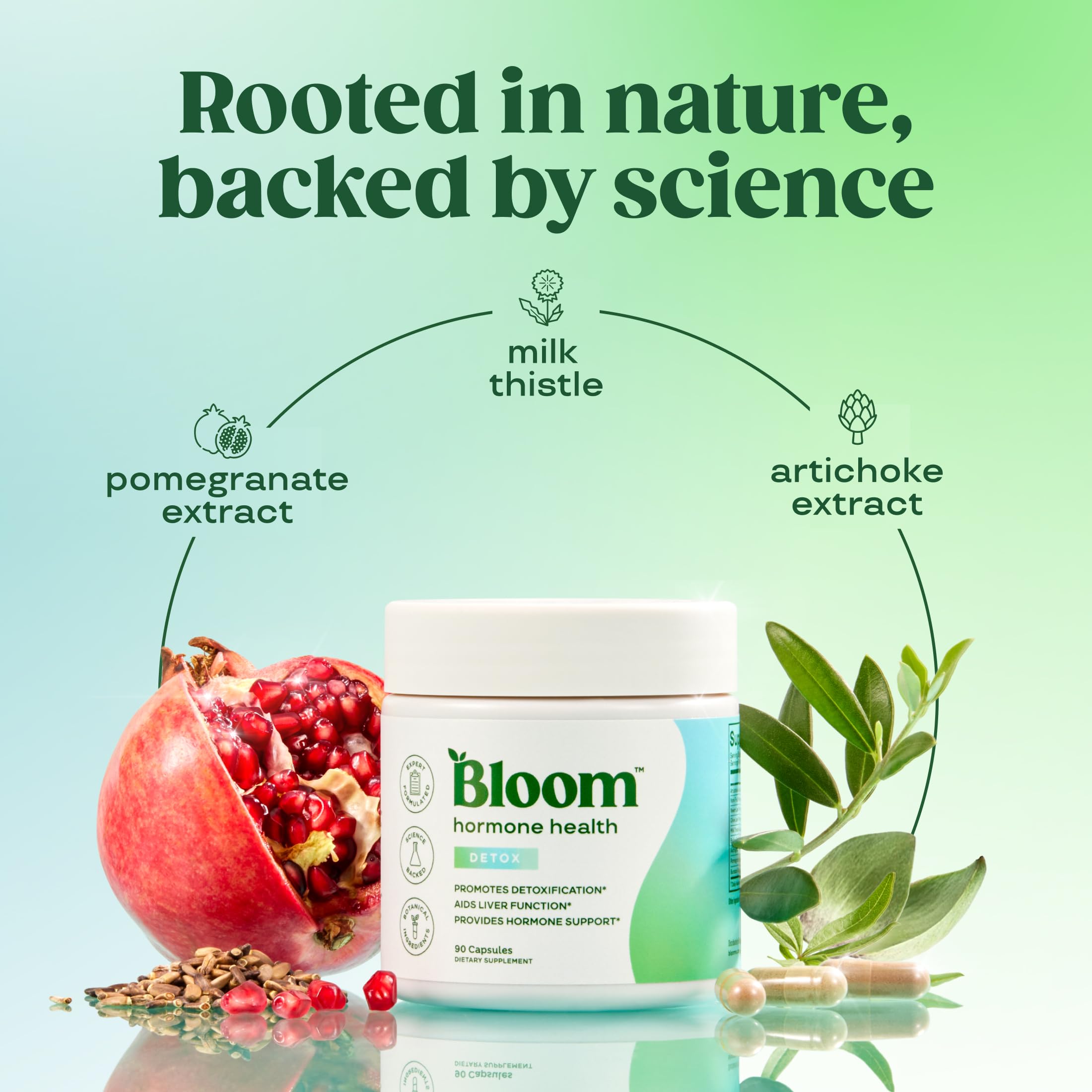 Bloom Nutrition packaging closeup, premium detox capsules ready for 90-day routine