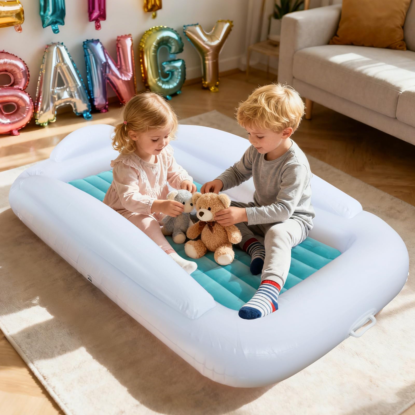 Bloomoja green inflatable toddler bed adds cheerful color to trips.