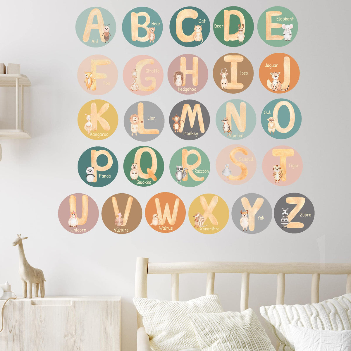 Blou' House alphabet decal with 5-inch letters brightens walls for easy letter recognition.
