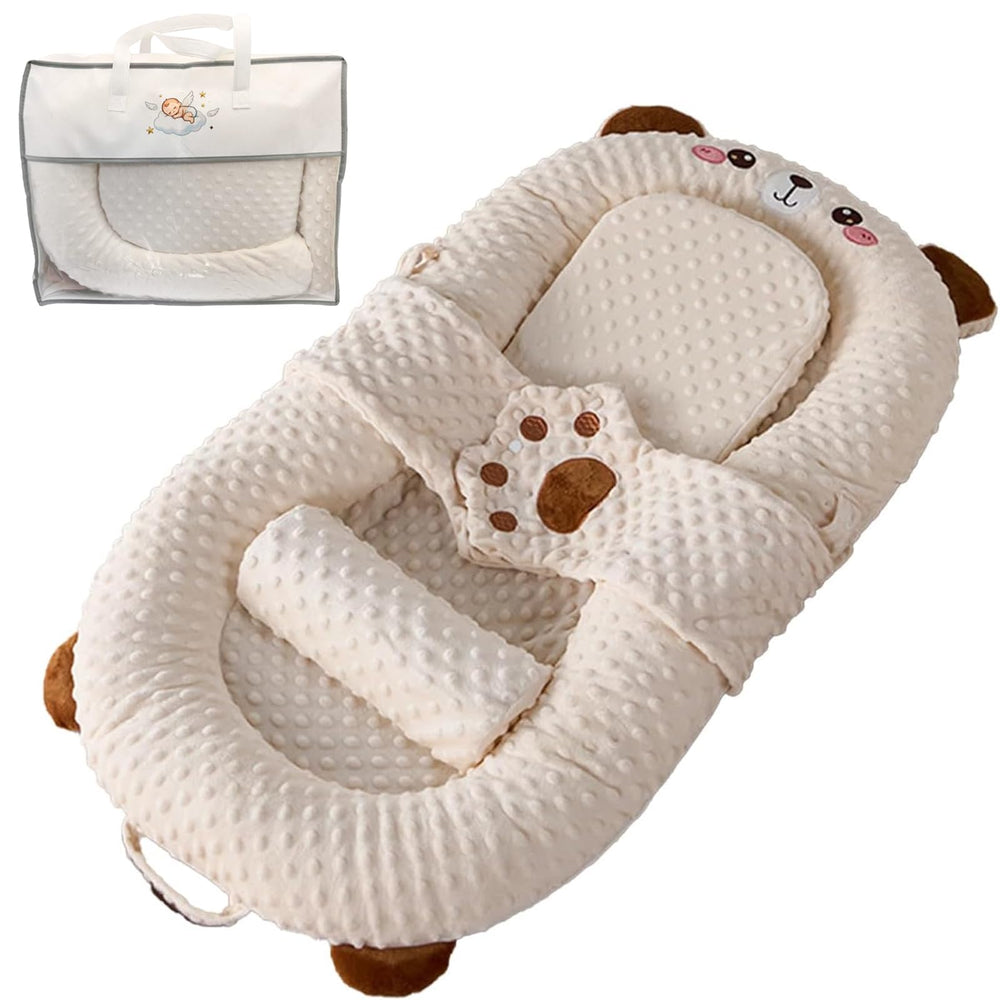 BLQCSLH portable baby lounger brown bear front view for safe feeding and rest.