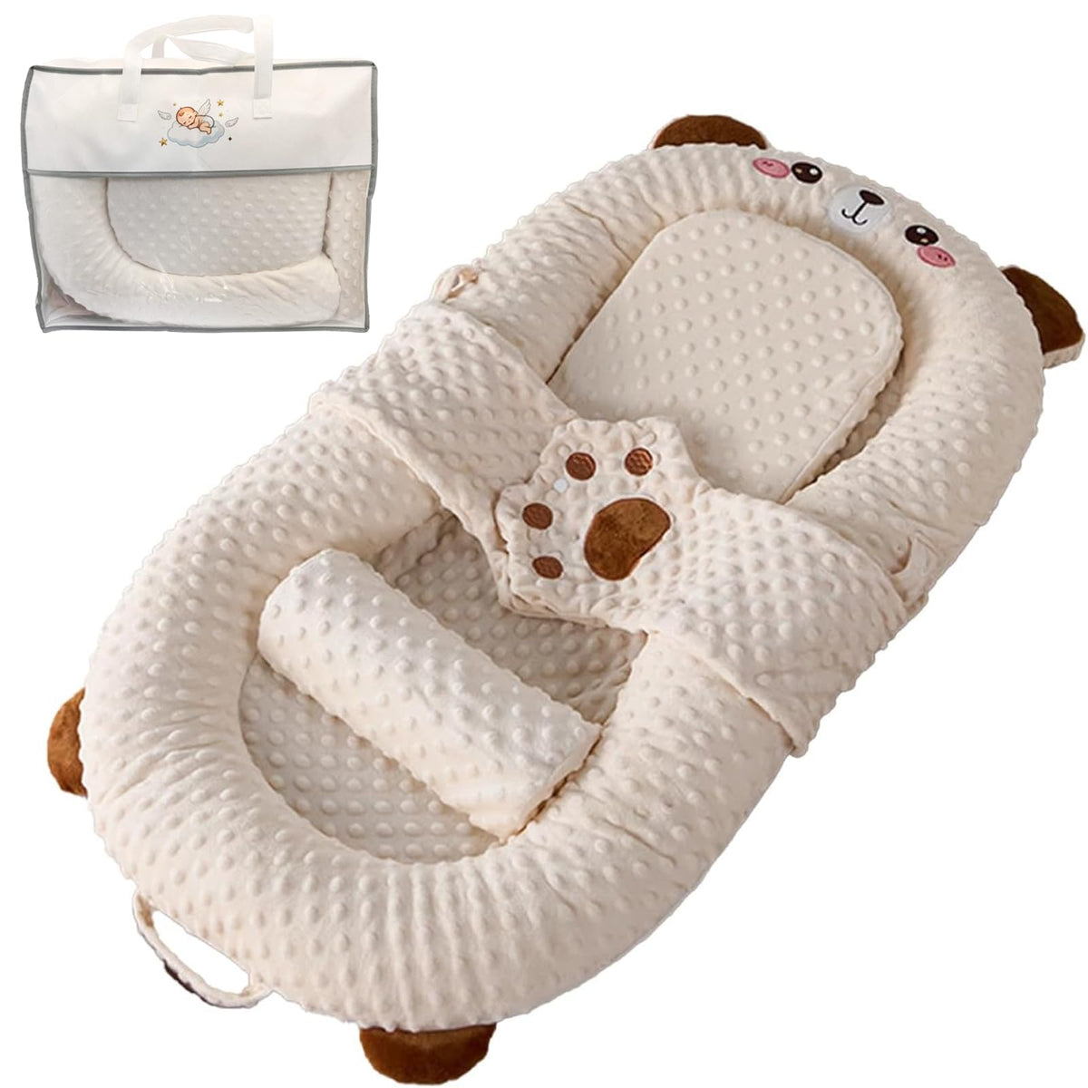 BLQCSLH portable baby lounger brown bear front view for safe feeding and rest.