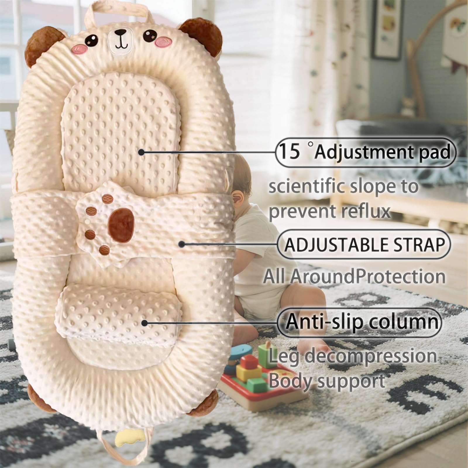 BLQCSLH portable baby lounger brown bear multi-use for wedge, tummy time, and rest.
