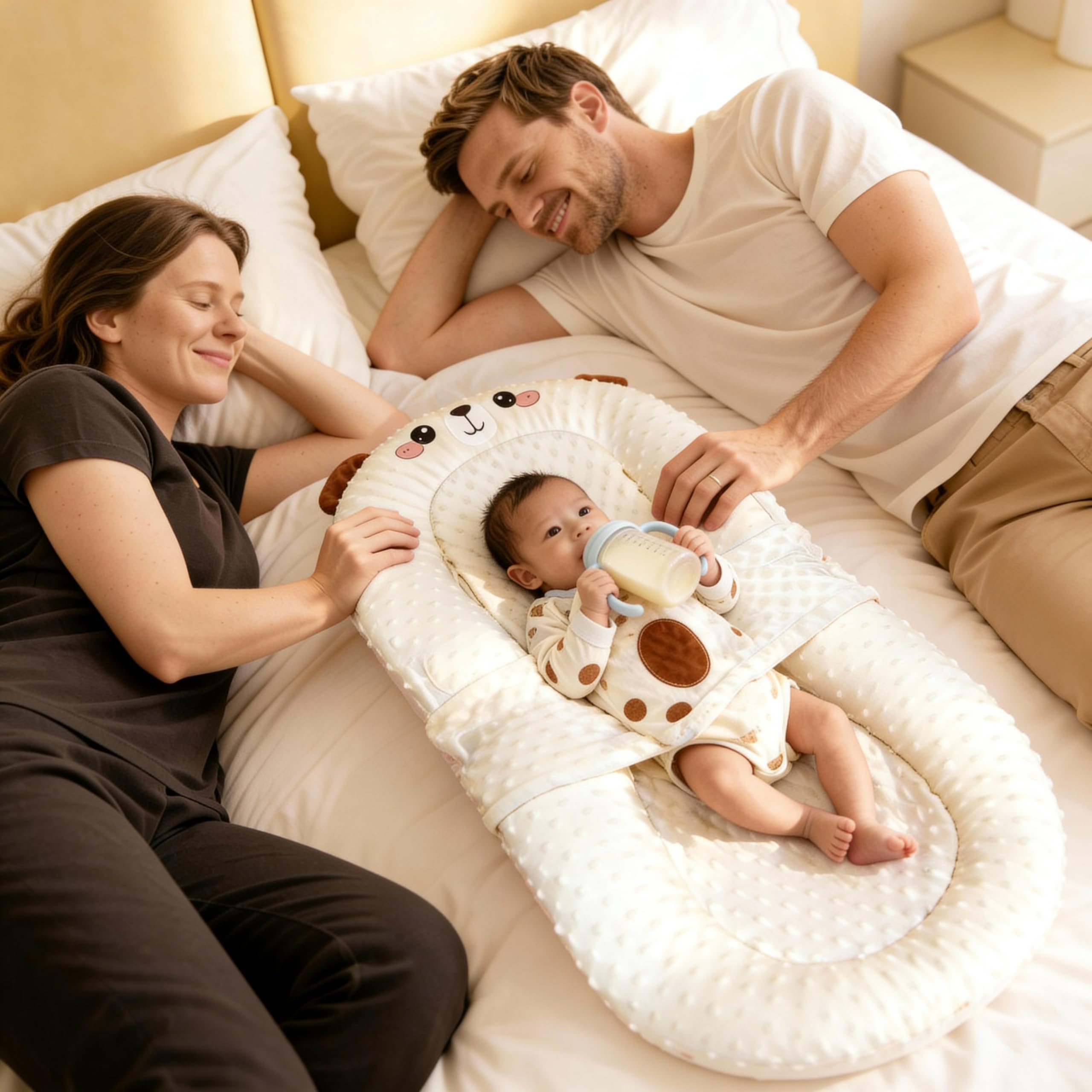 BLQCSLH portable baby lounger brown bear safety belt supports secure positioning.