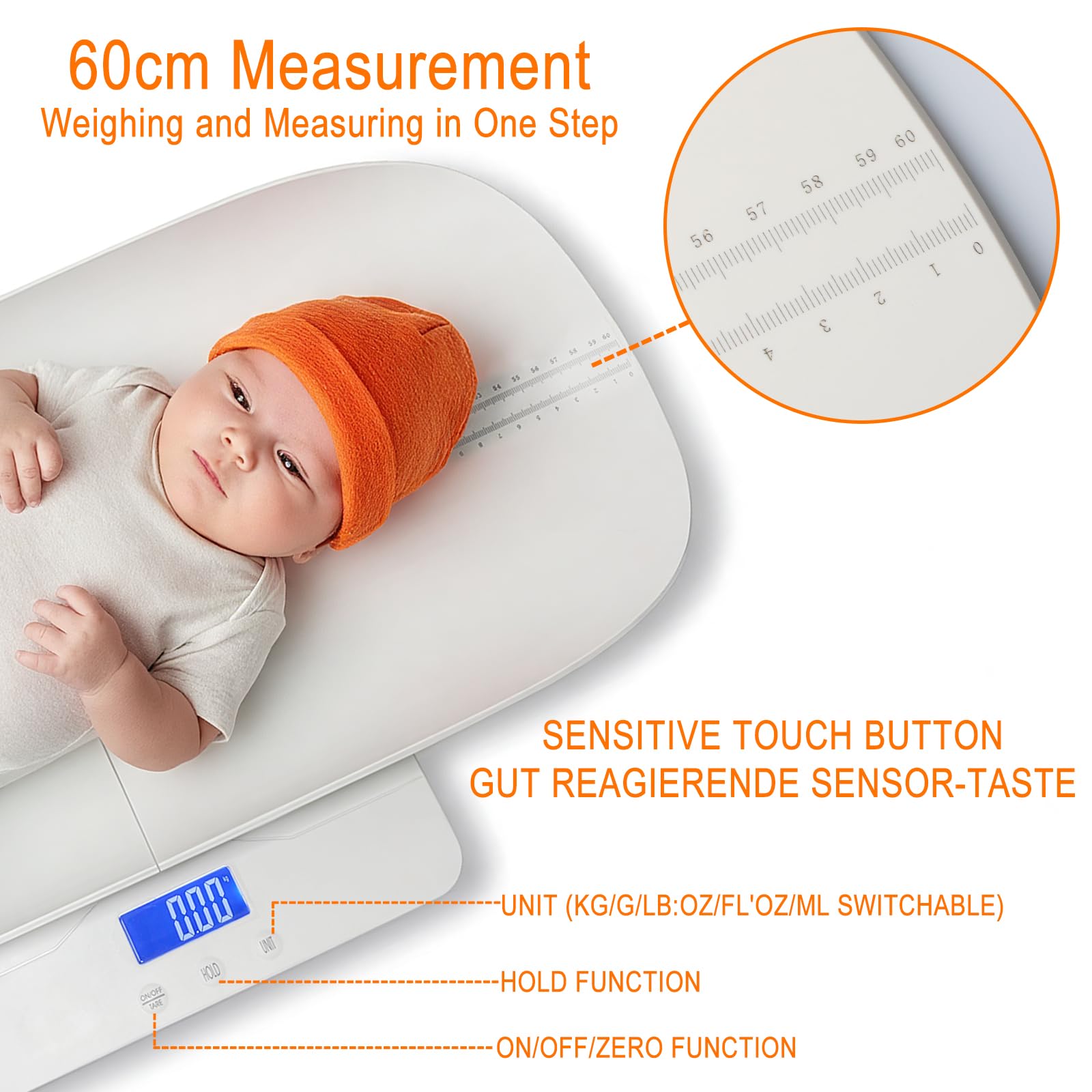 BLSFTK baby scale on the tray delivers stable readings for a wiggle-prone baby.