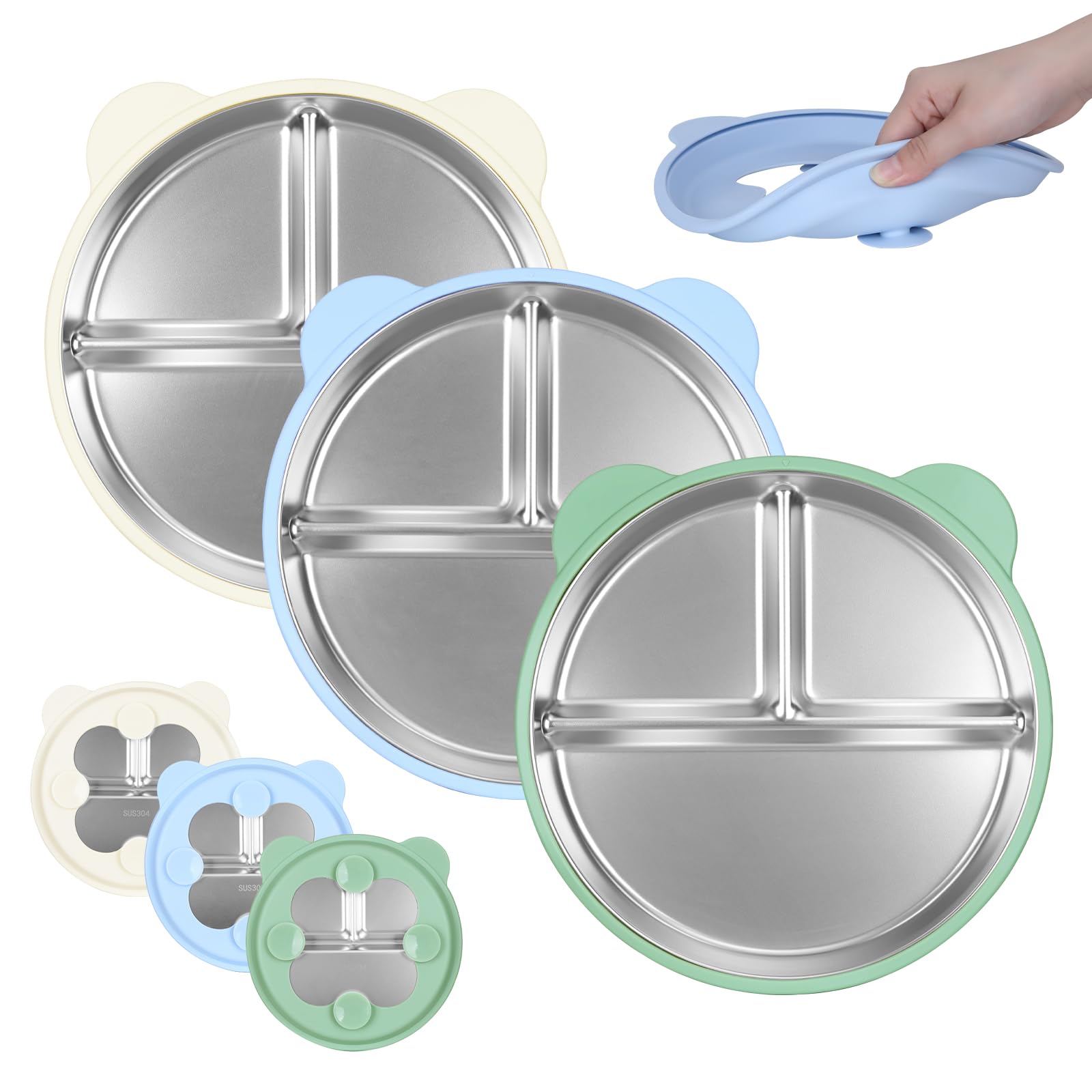 BLUBLD stainless steel kids plates 3-pack with suction cups prevent spills