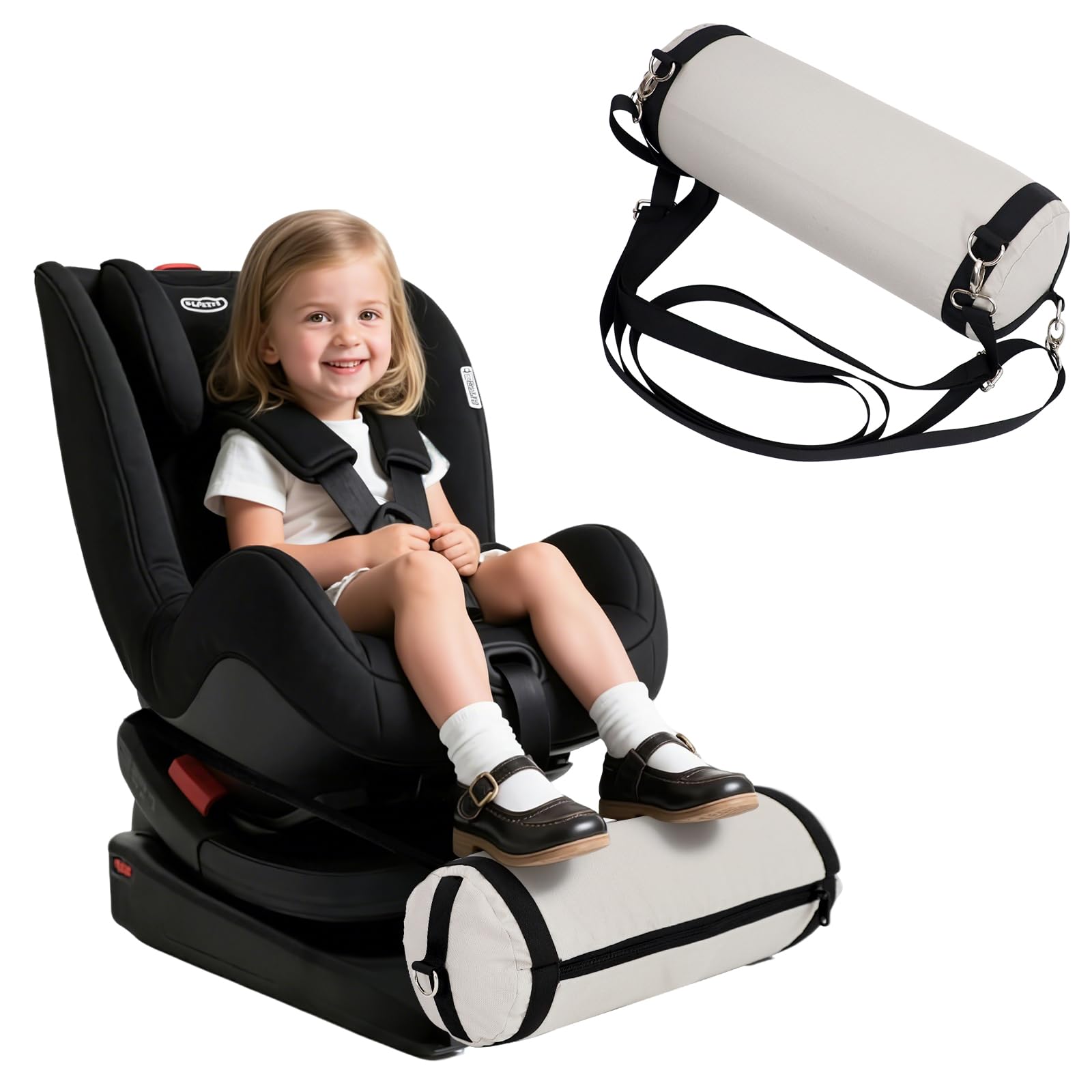 Blublu Park inflatable foot rest attached to car seat for comfy toddler travel.