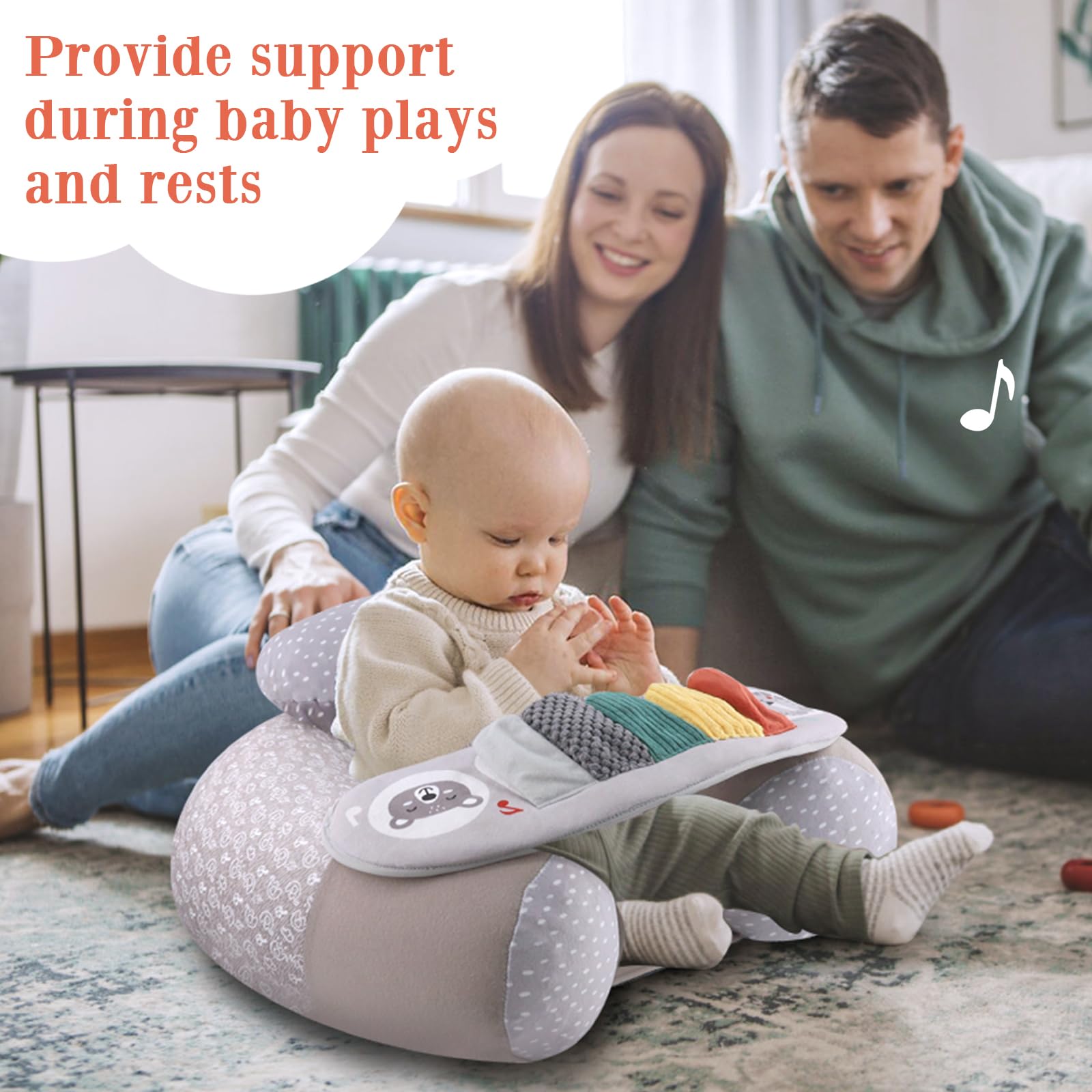 Blublu Park piano keys and squeaker engage baby during seated playtime.