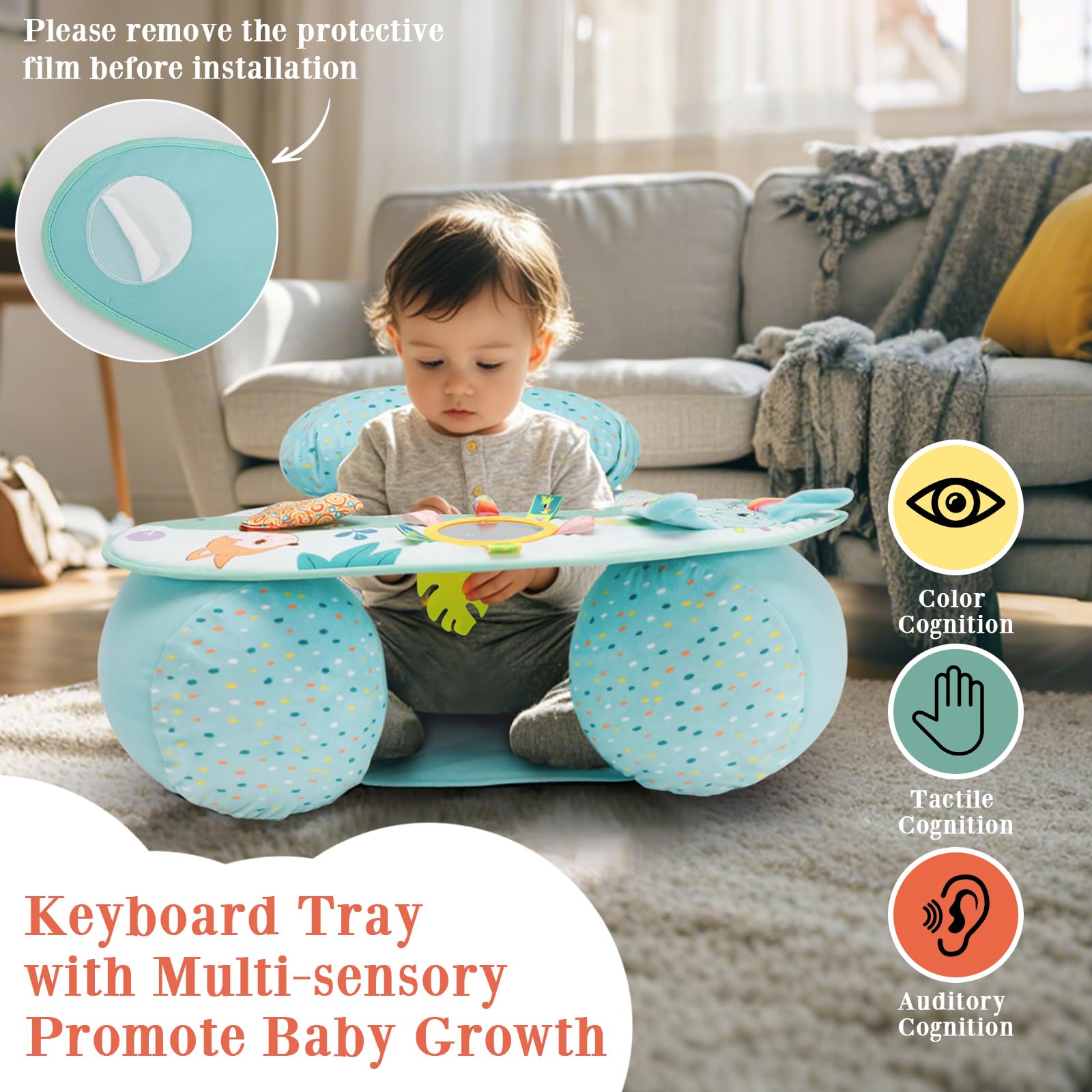Blublu Park detachable sensory tray with mirrors, teethers, and squeaker for sensory play.