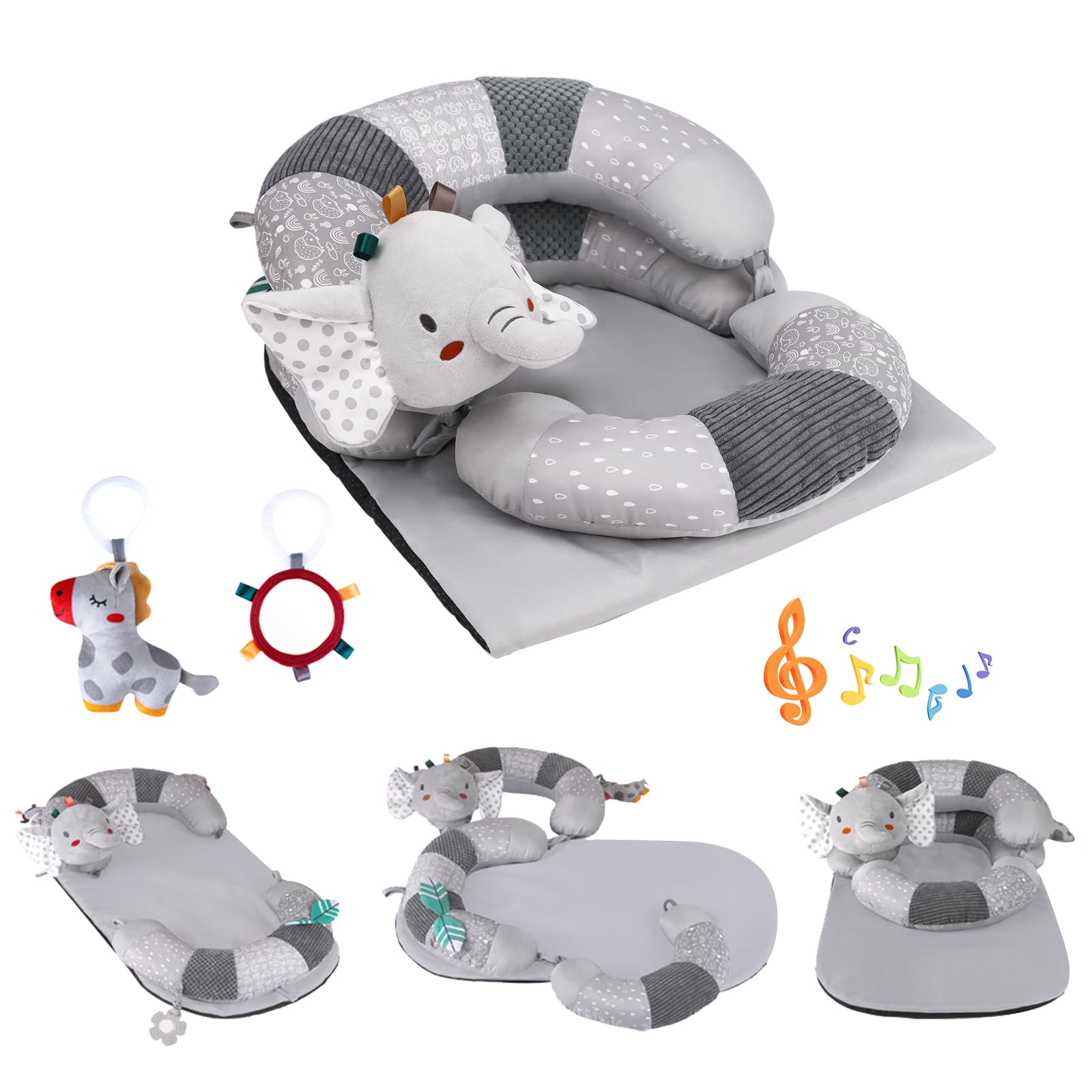 Blublu Park grey tummy time pillow with plush mat for safe infant play