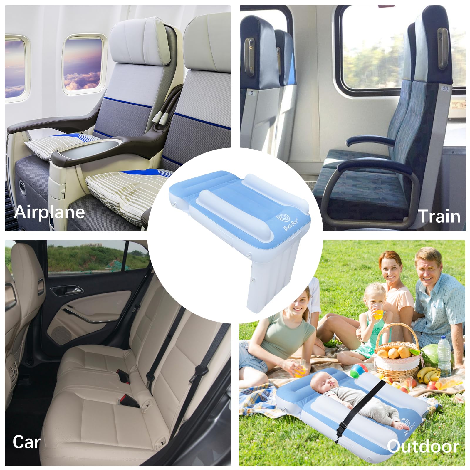 BlubluPark carry bag inflator image emphasizes portability for trains or cars.