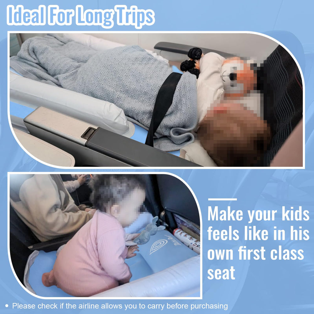 BlubluPark fit airplane seats indicates compatibility with standard rows and width.