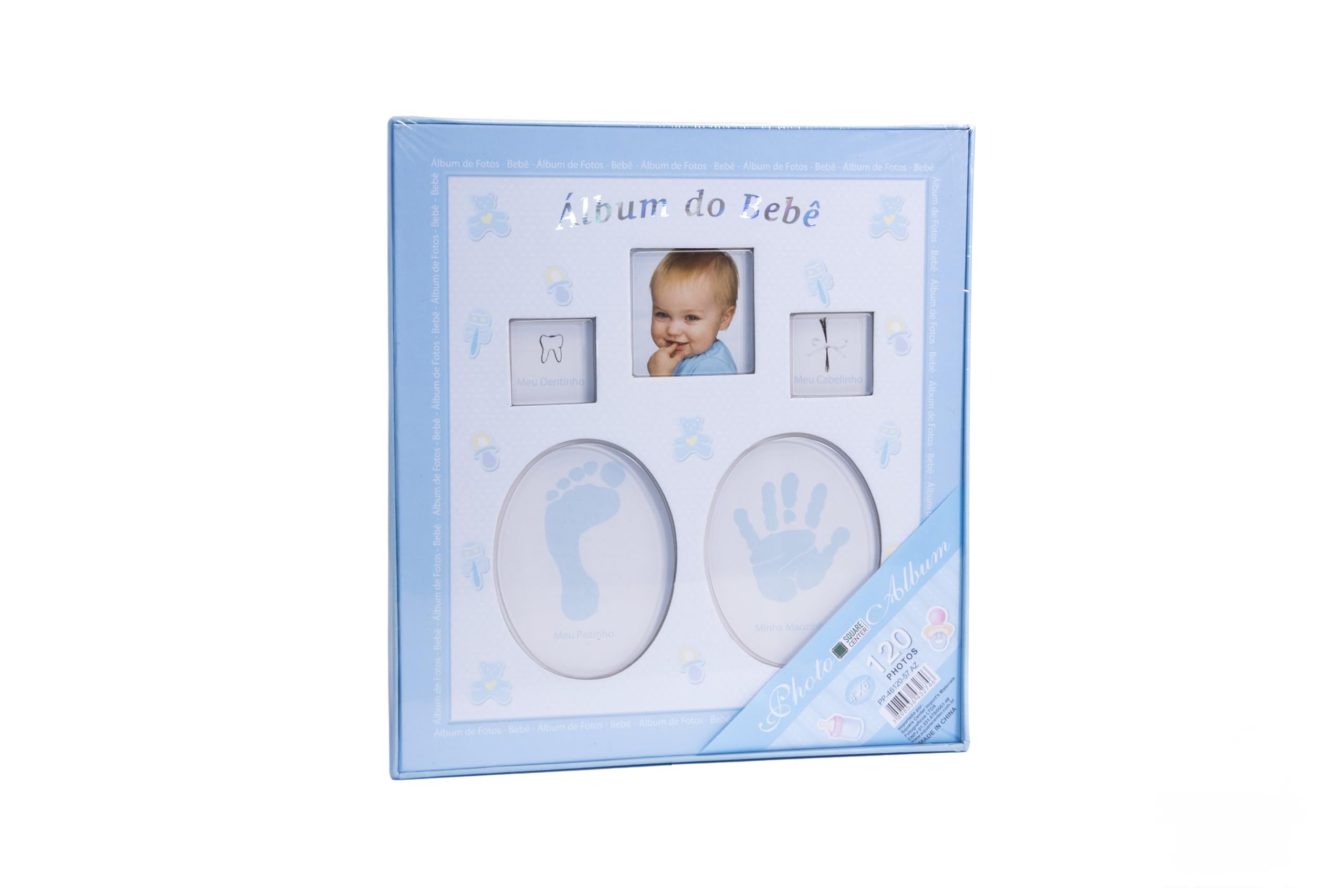 Blue baby photo album front cover with display windows for cherished memories