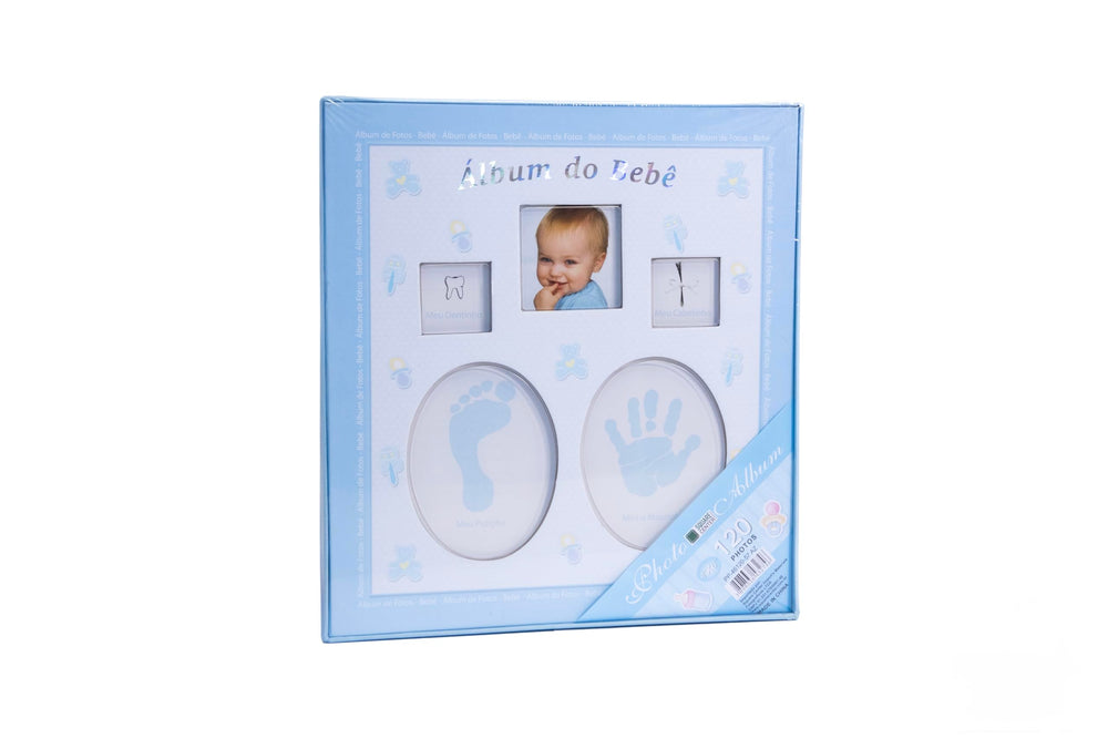 Blue baby photo album front cover with display windows for cherished memories