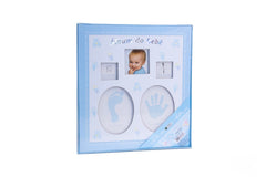 Blue baby photo album front cover with display windows for cherished memories