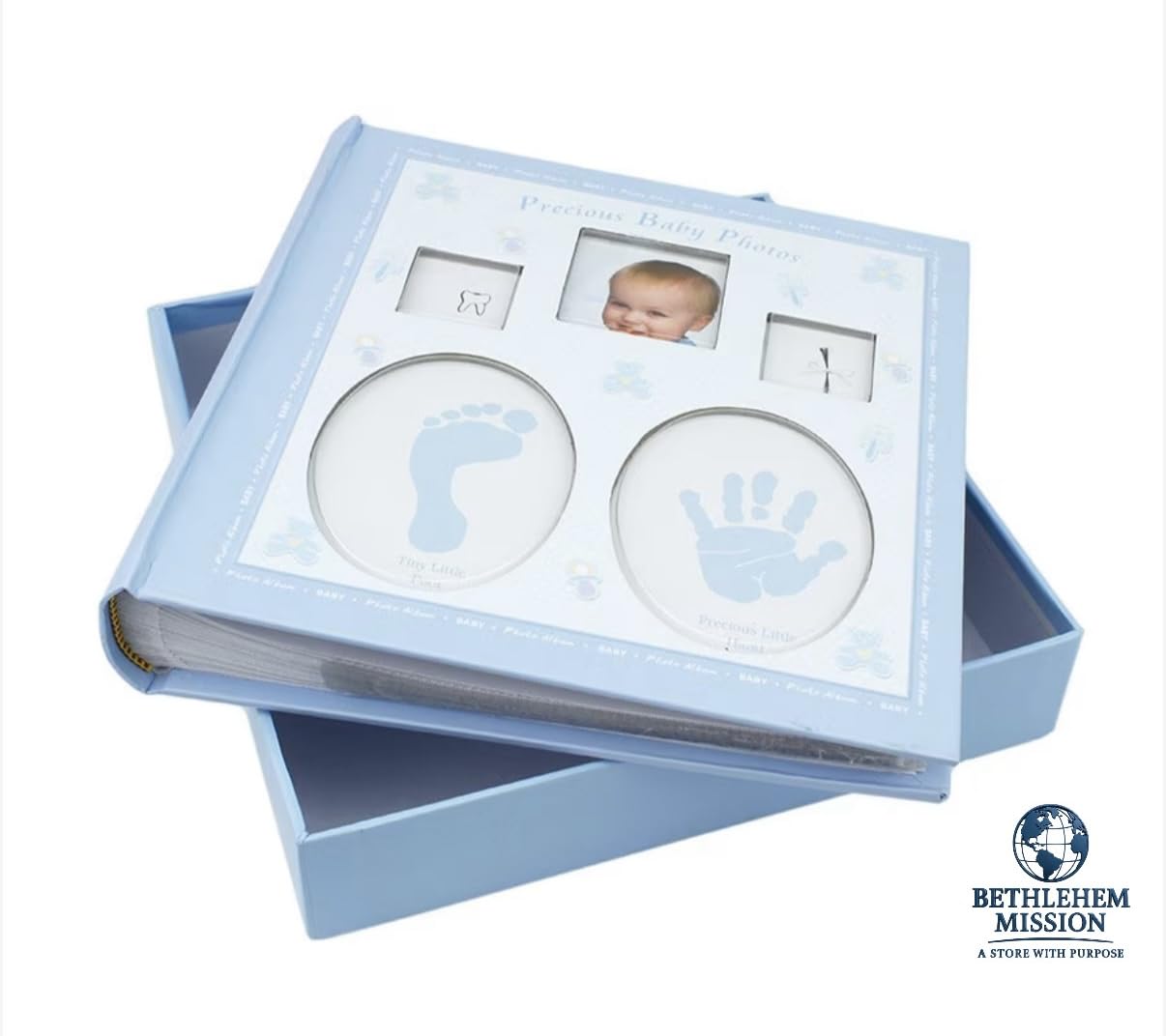 Blue baby photo album sample layout with window display