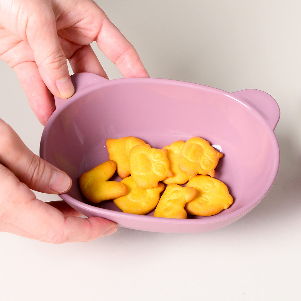 BLUE GINKGO pink bear bowl side view, durable and kid-friendly