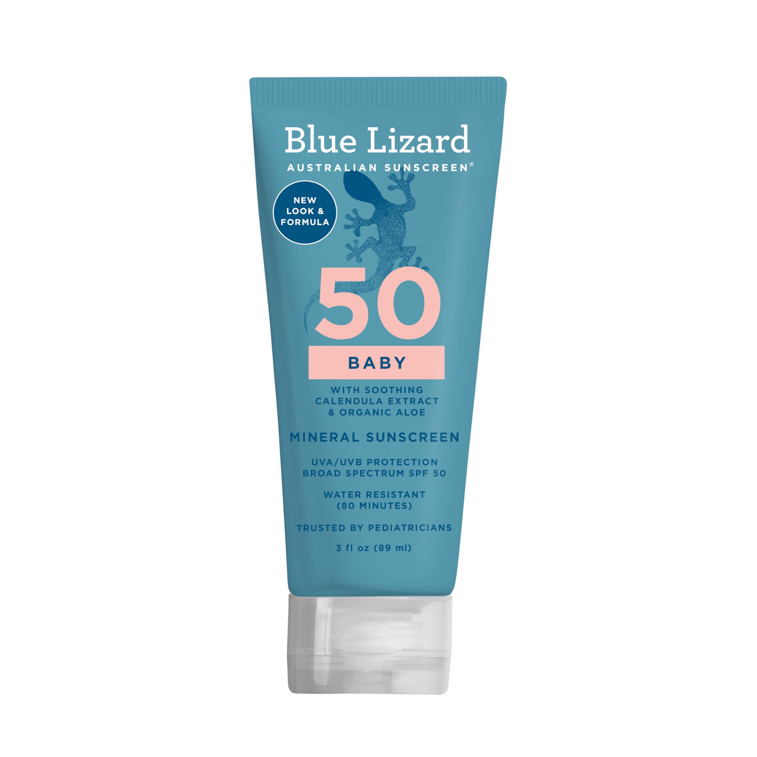 Blue Lizard Baby Mineral Sunscreen tube provides SPF 50 broad-spectrum protection for delicate skin