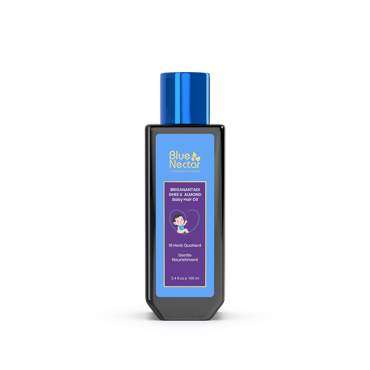 Blue Nectar baby hair oil packaging closeup with organic ingredients and safety labeling.