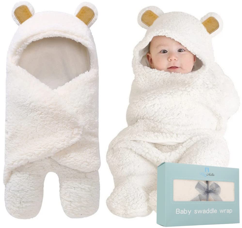 BlueMello Baby Bear Swaddle Blanket in white shows ultra-soft plush fabric for newborn comfort.