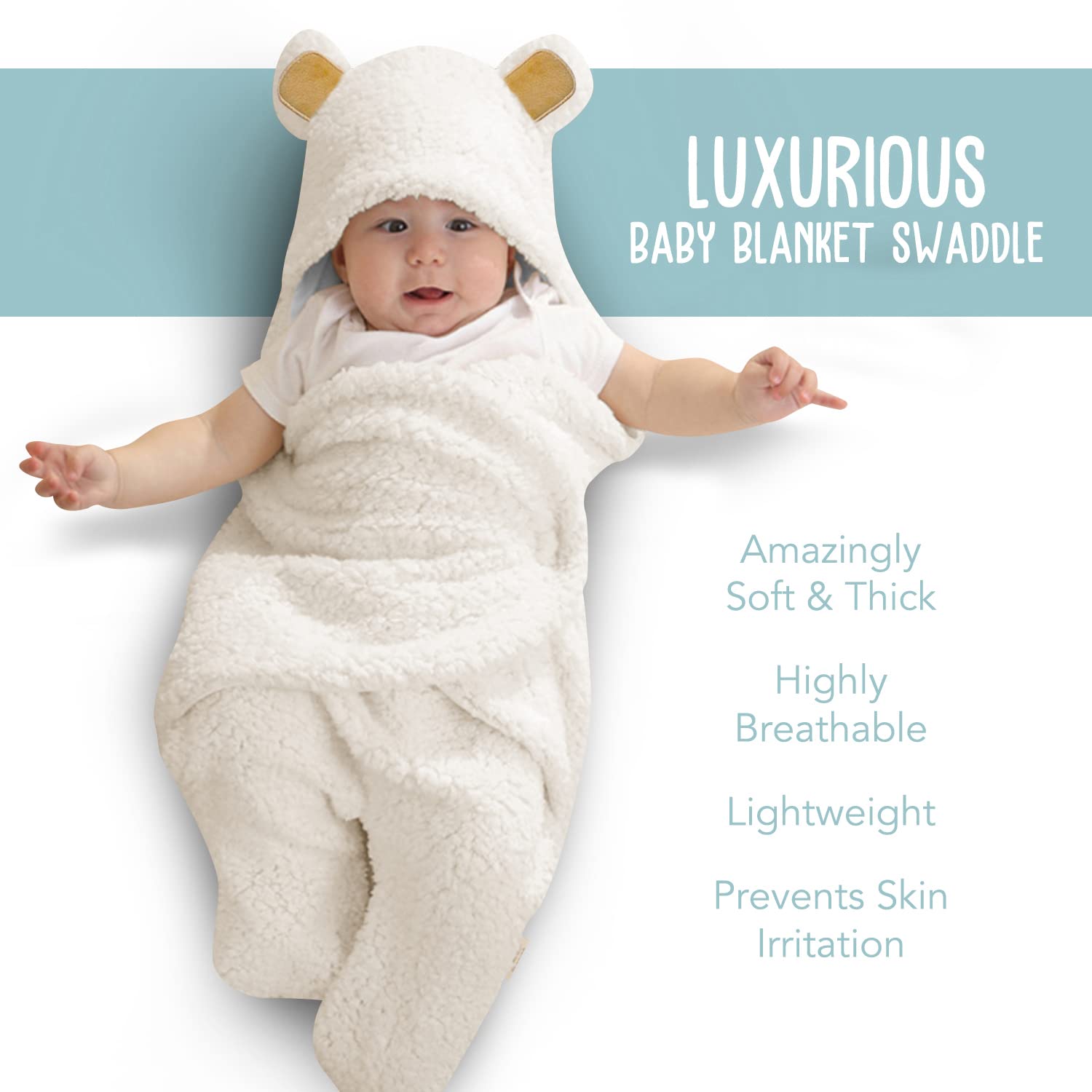 BlueMello Baby Bear Swaddle closeup highlights plush texture and soft feel.
