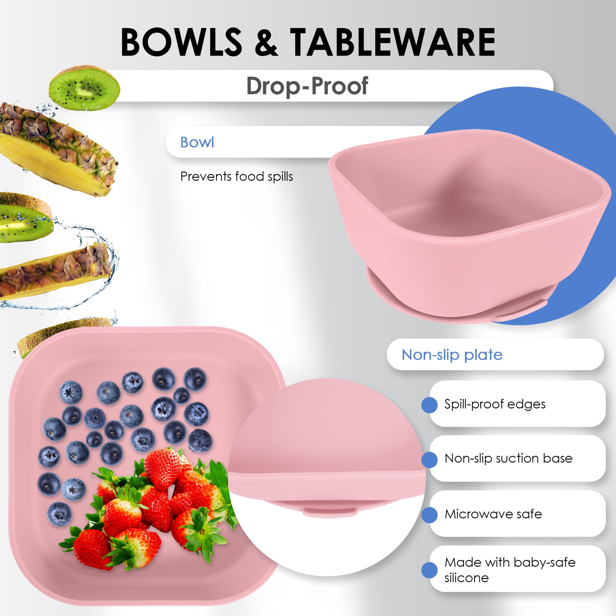 Bluet B silicone bowl with edge prevents spills during feeding.