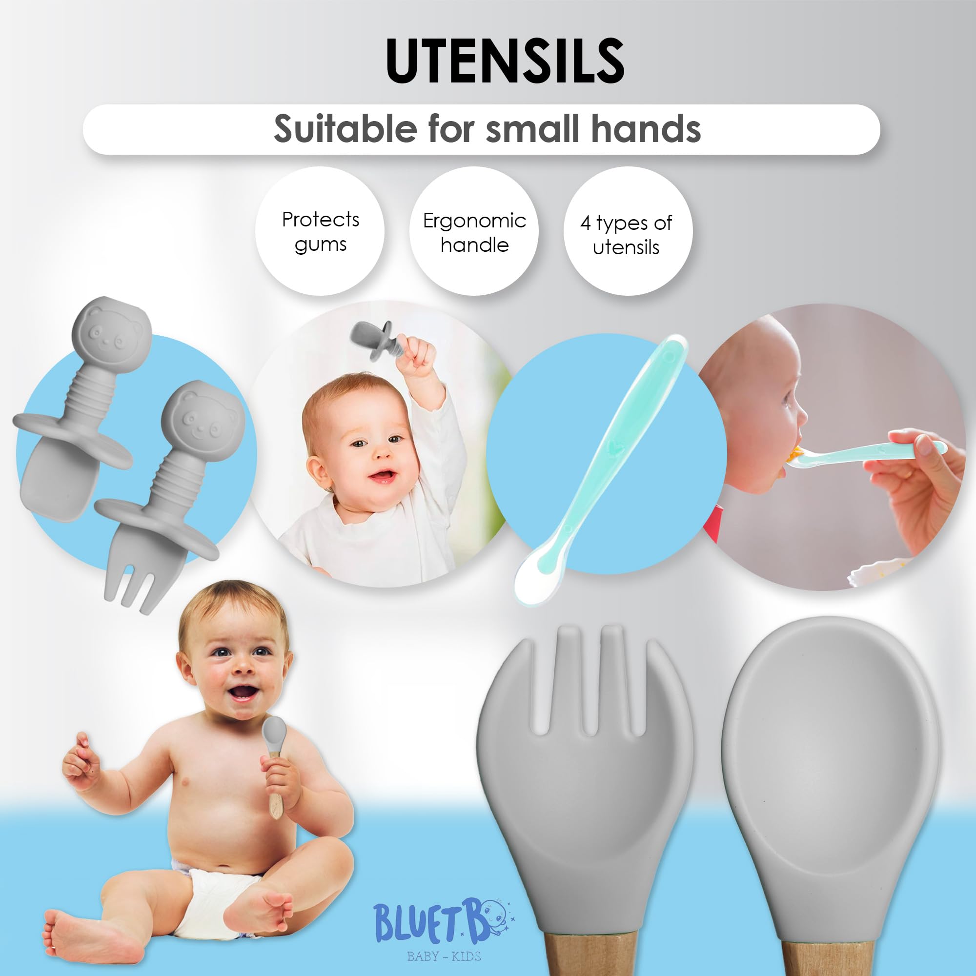 Bluet B silicone baby spoons gentle on gums and easy to clean.