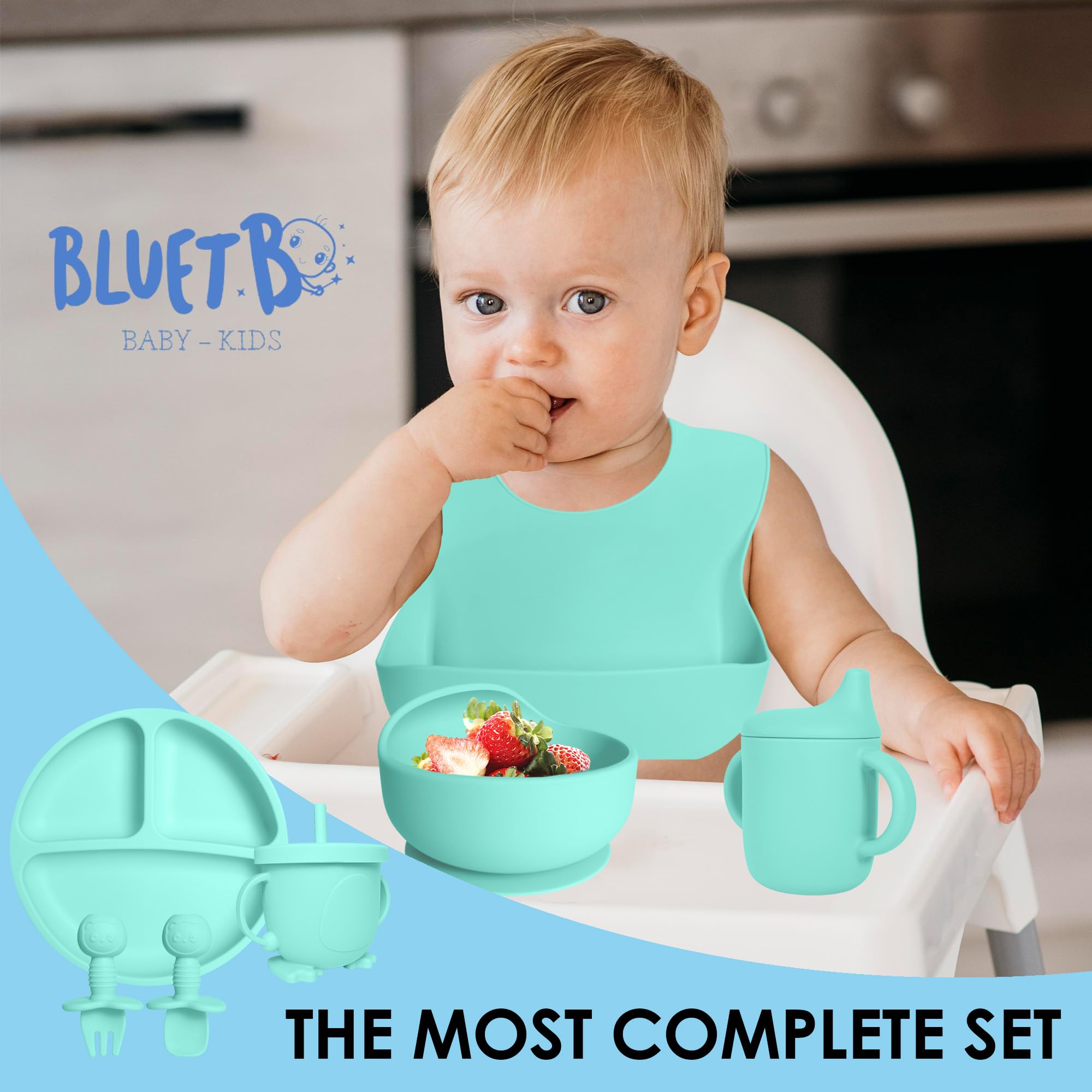 Bluet B baby utensils set in green.