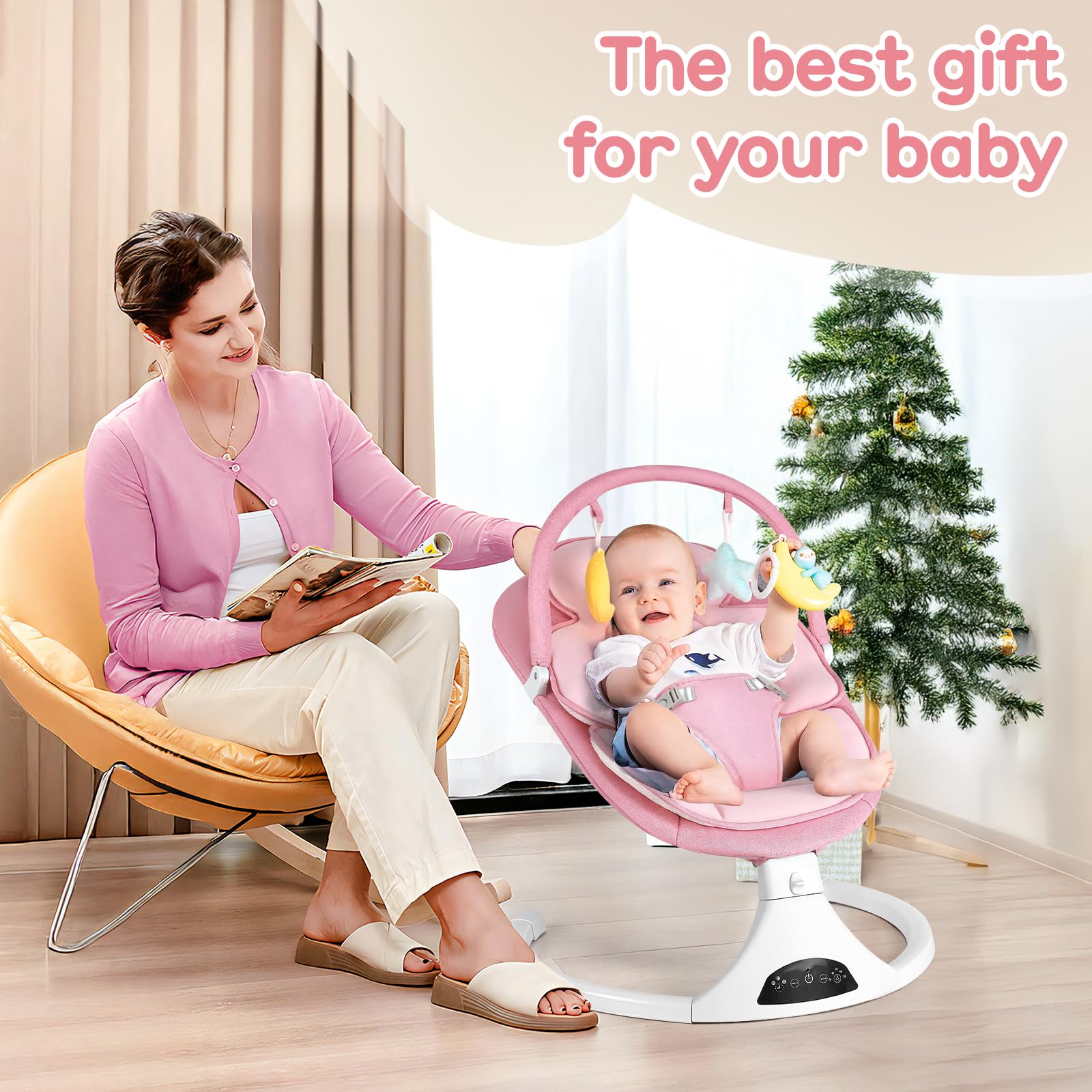 Bluetooth baby swing base stable on grass and tile for versatile use.