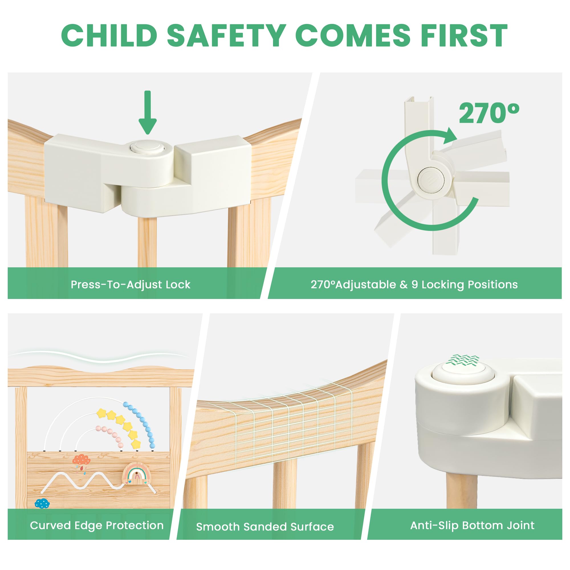 BlueWood Foldable Playpen 270-degree connectors: flexible configurations for growing toddlers.