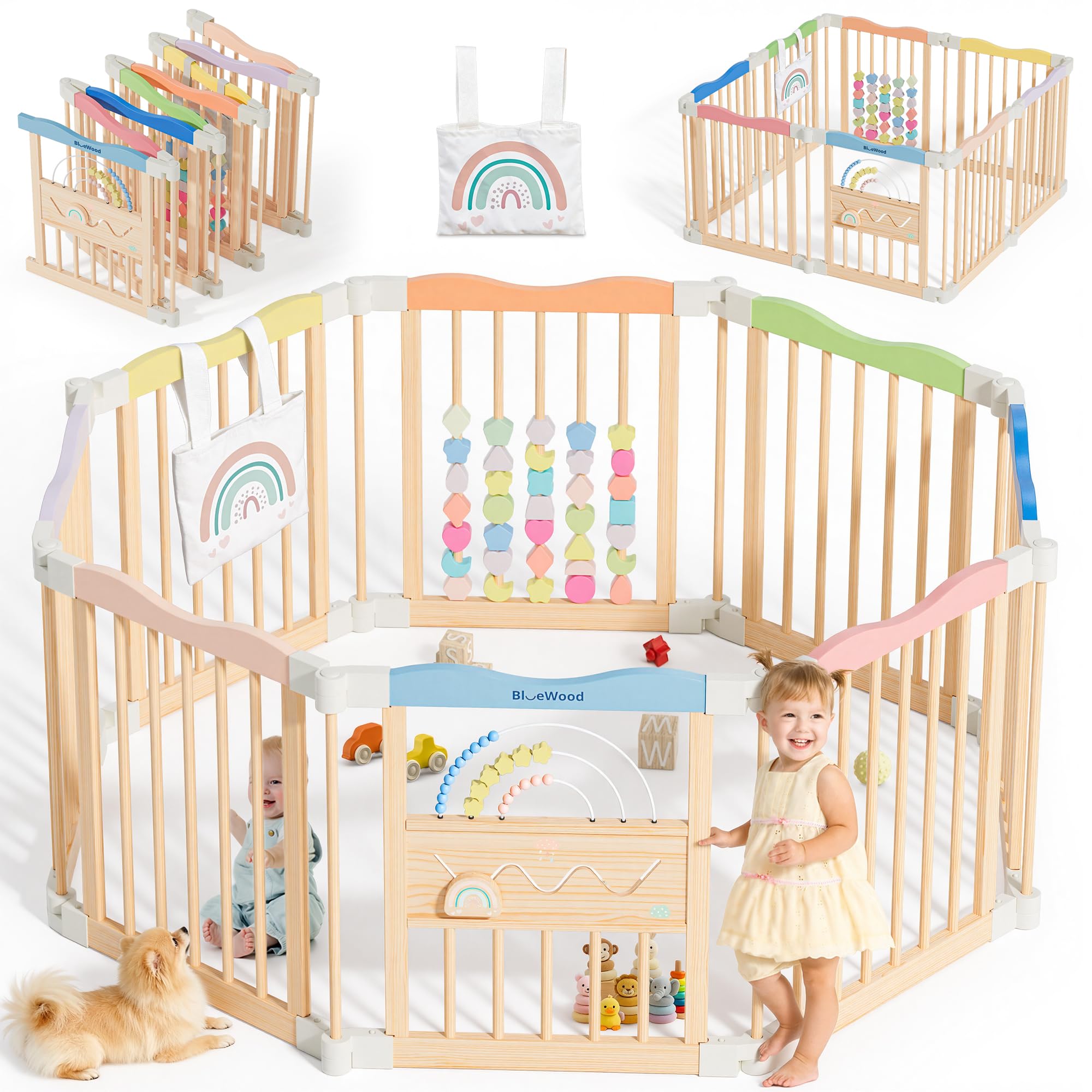 BlueWood foldable playpen showing eight-panel layout for versatile play space