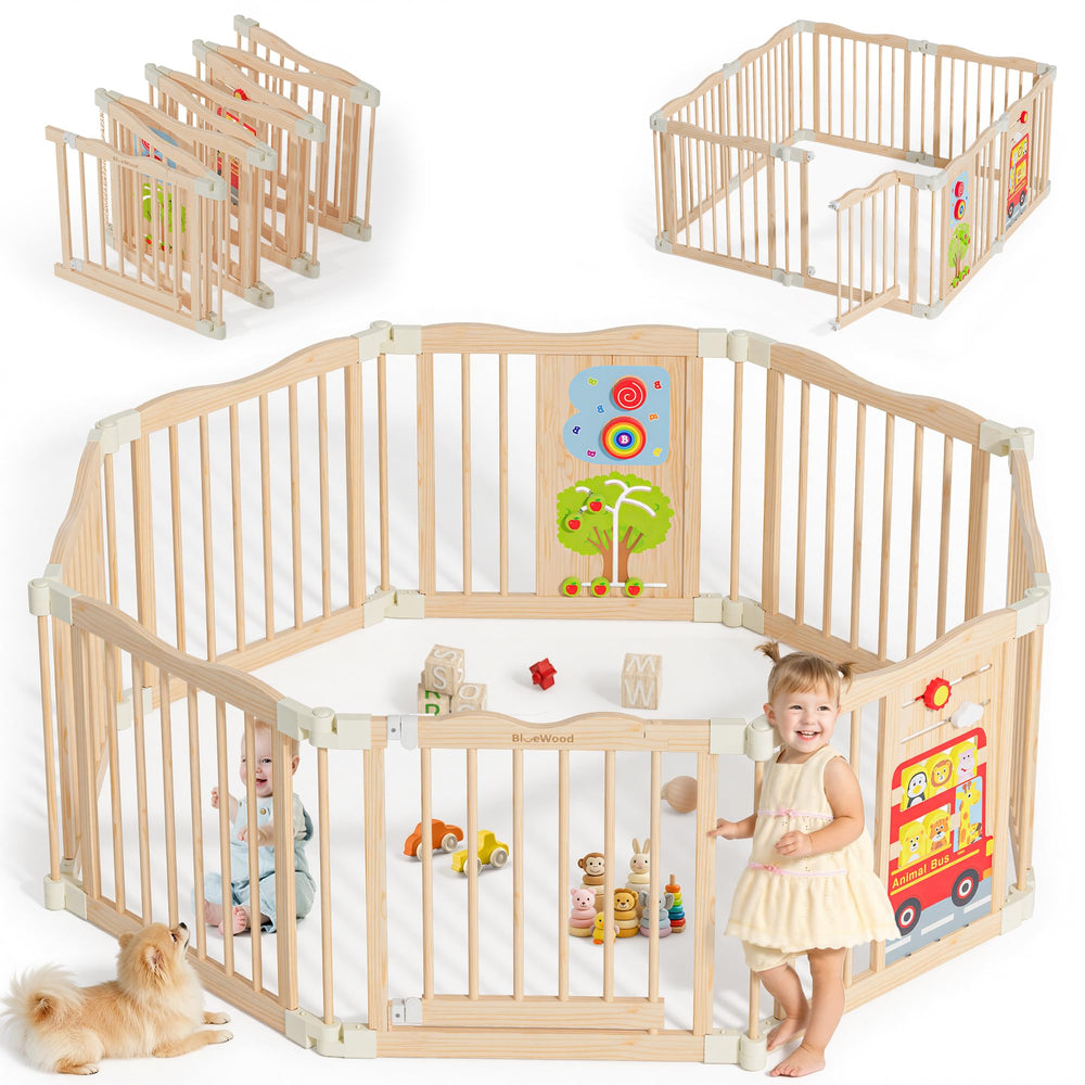 BlueWood foldable wooden playpen with 8 panels offers a versatile space for safe baby play.
