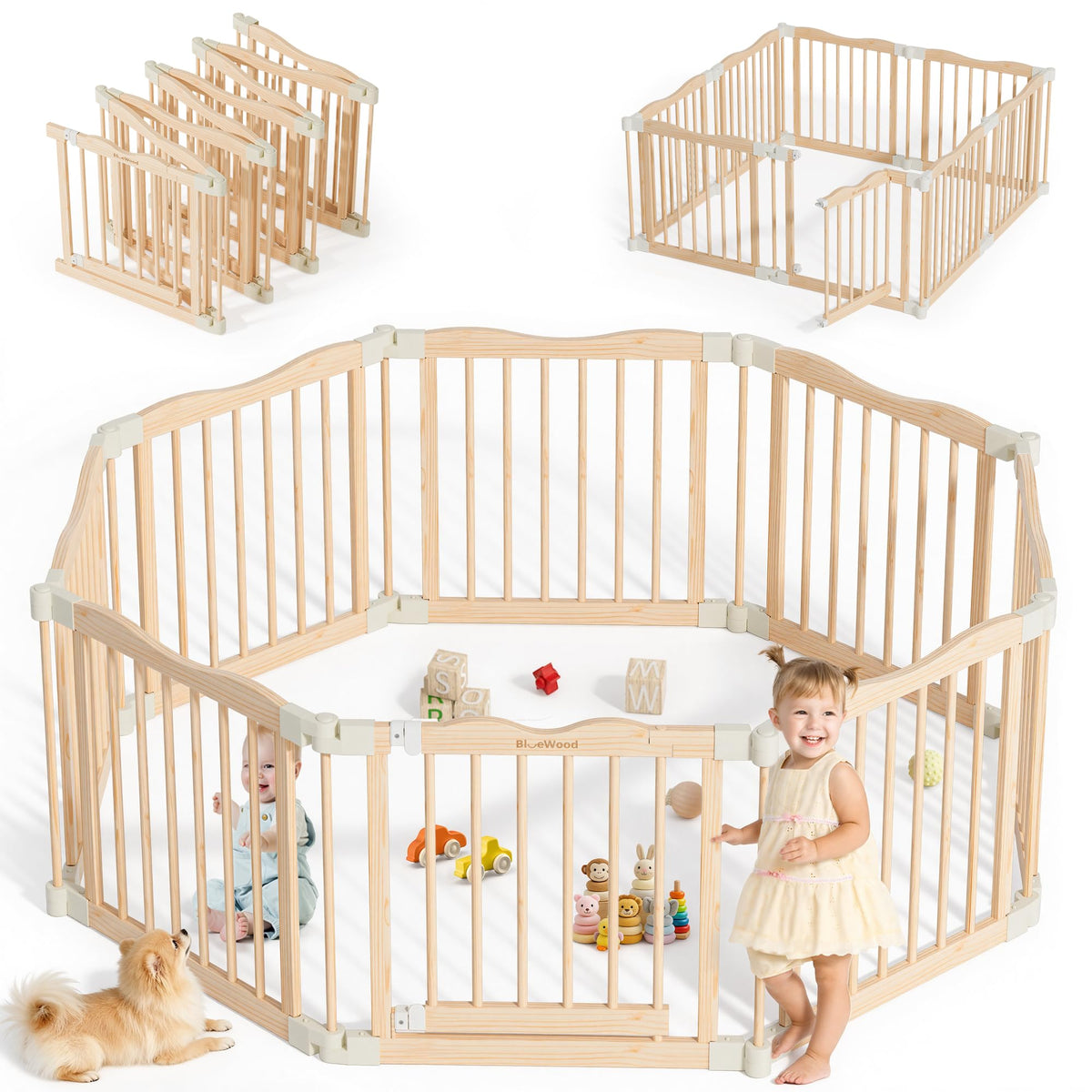 BlueWood foldable playpen assembly demonstrates tool-free setup for quick use.