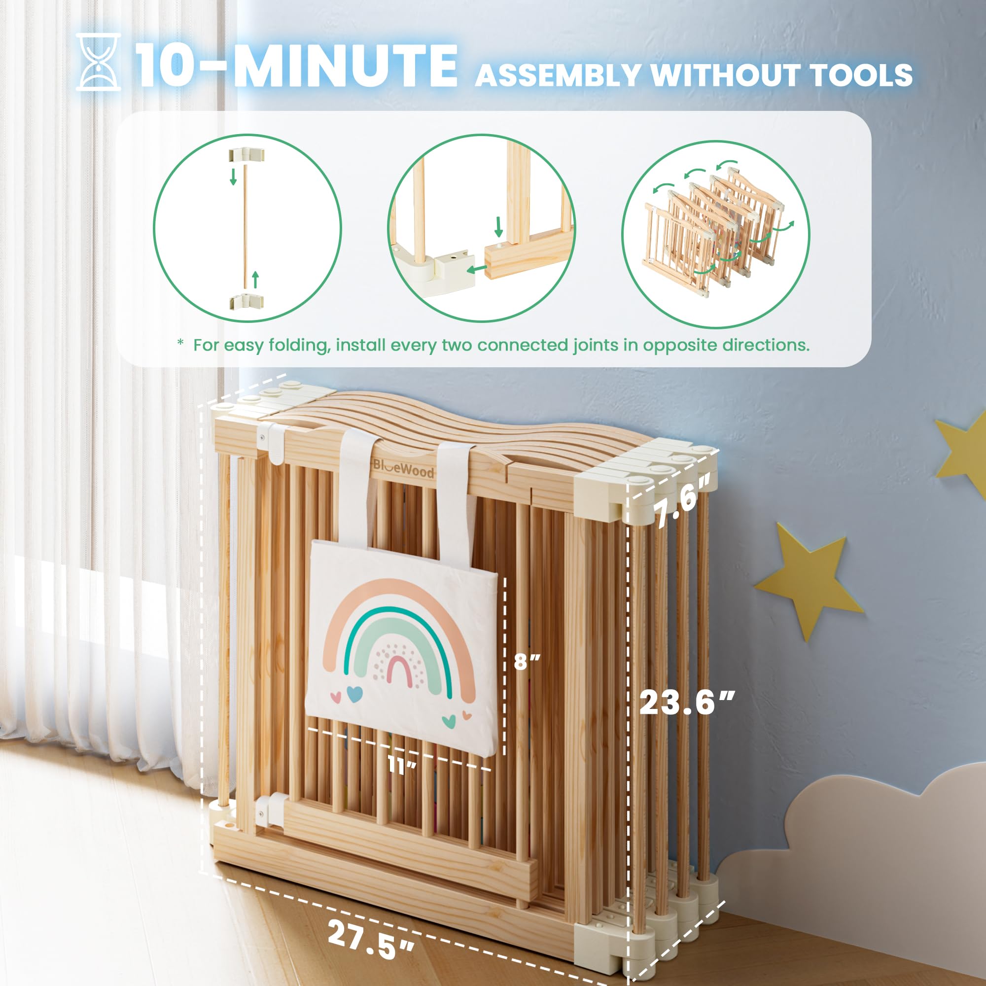 BlueWood Foldable Playpen door gate: convenient access while keeping children secure.
