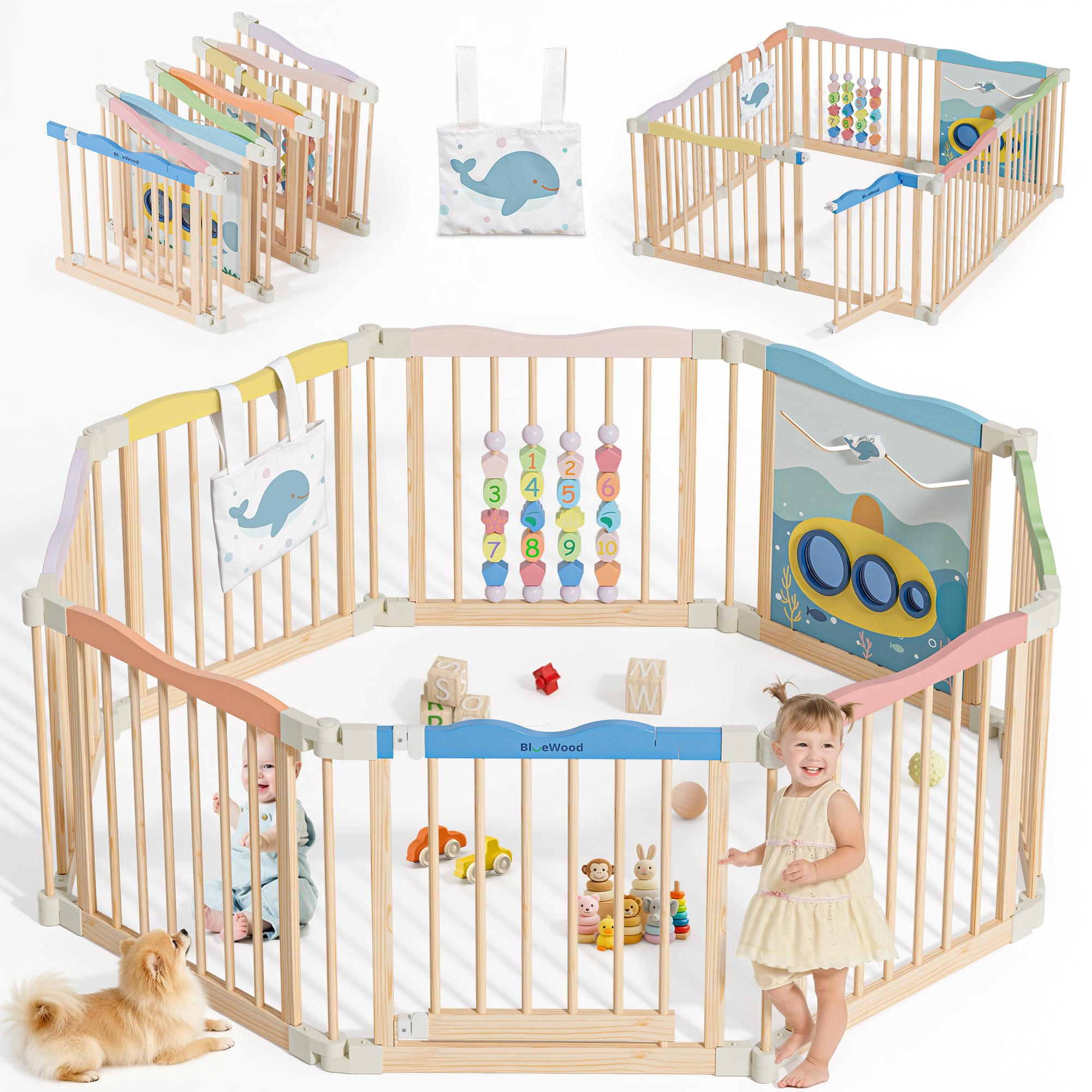 BlueWood foldable playpen with door in Ocean Adventure creates a safe play area for babies.
