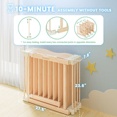 BlueWood foldable playpen wooden frame highlights sturdy natural construction.