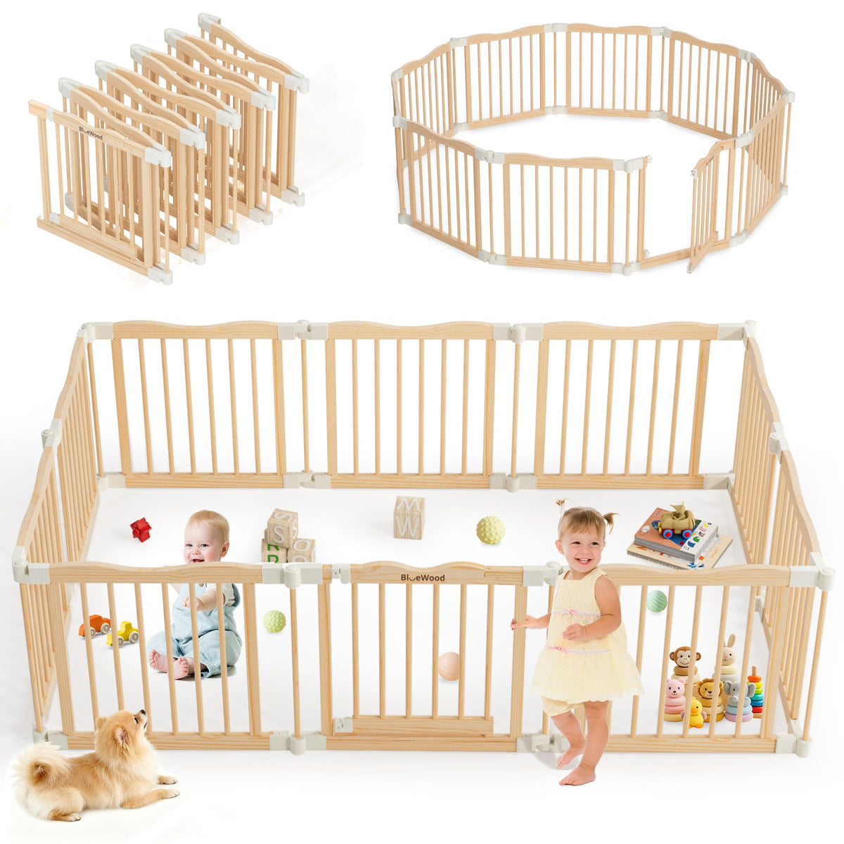 BlueWood foldable wooden playpen with door offers quick setup and safe play.
