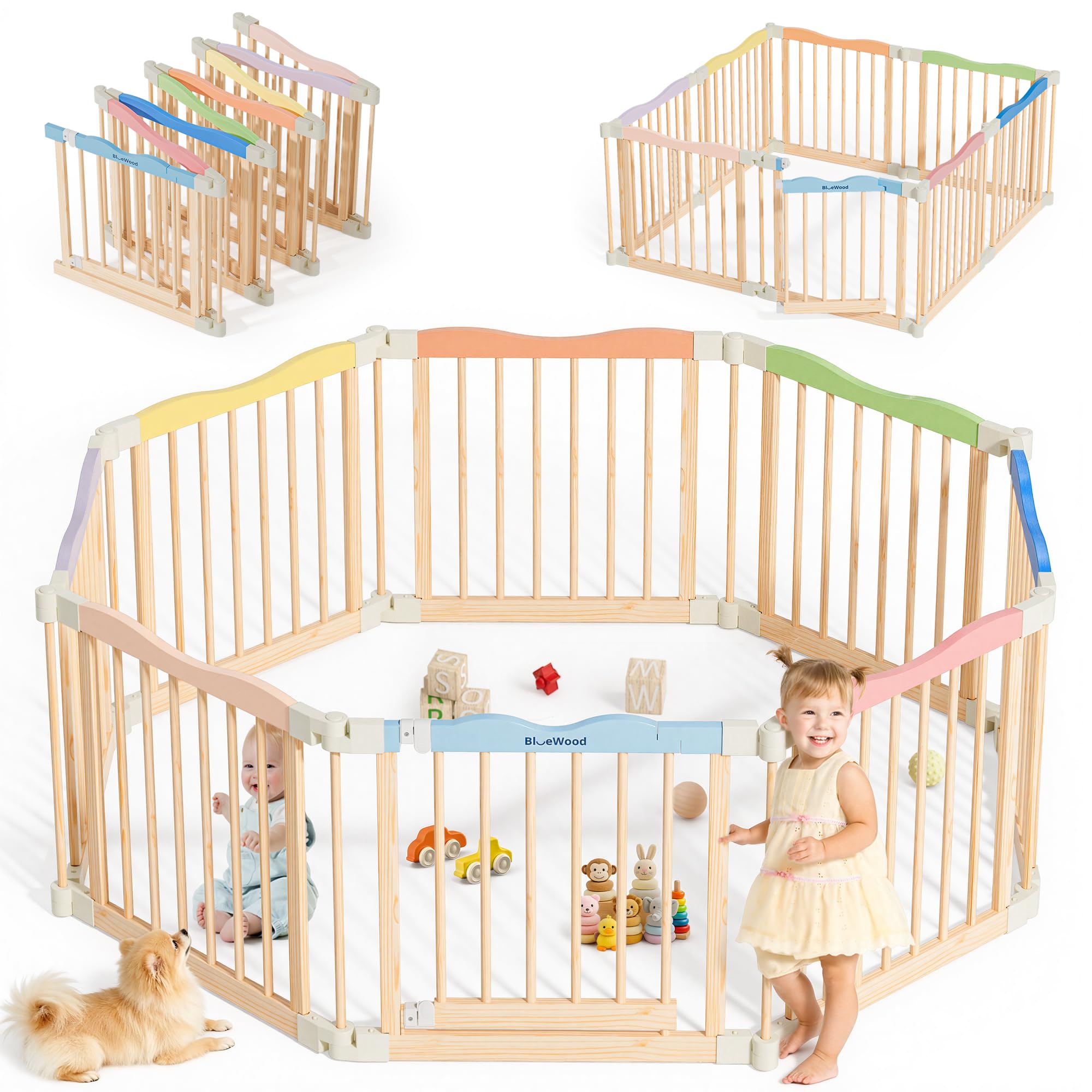 BlueWood Foldable Wooden Playpen front view showing safe, spacious play area