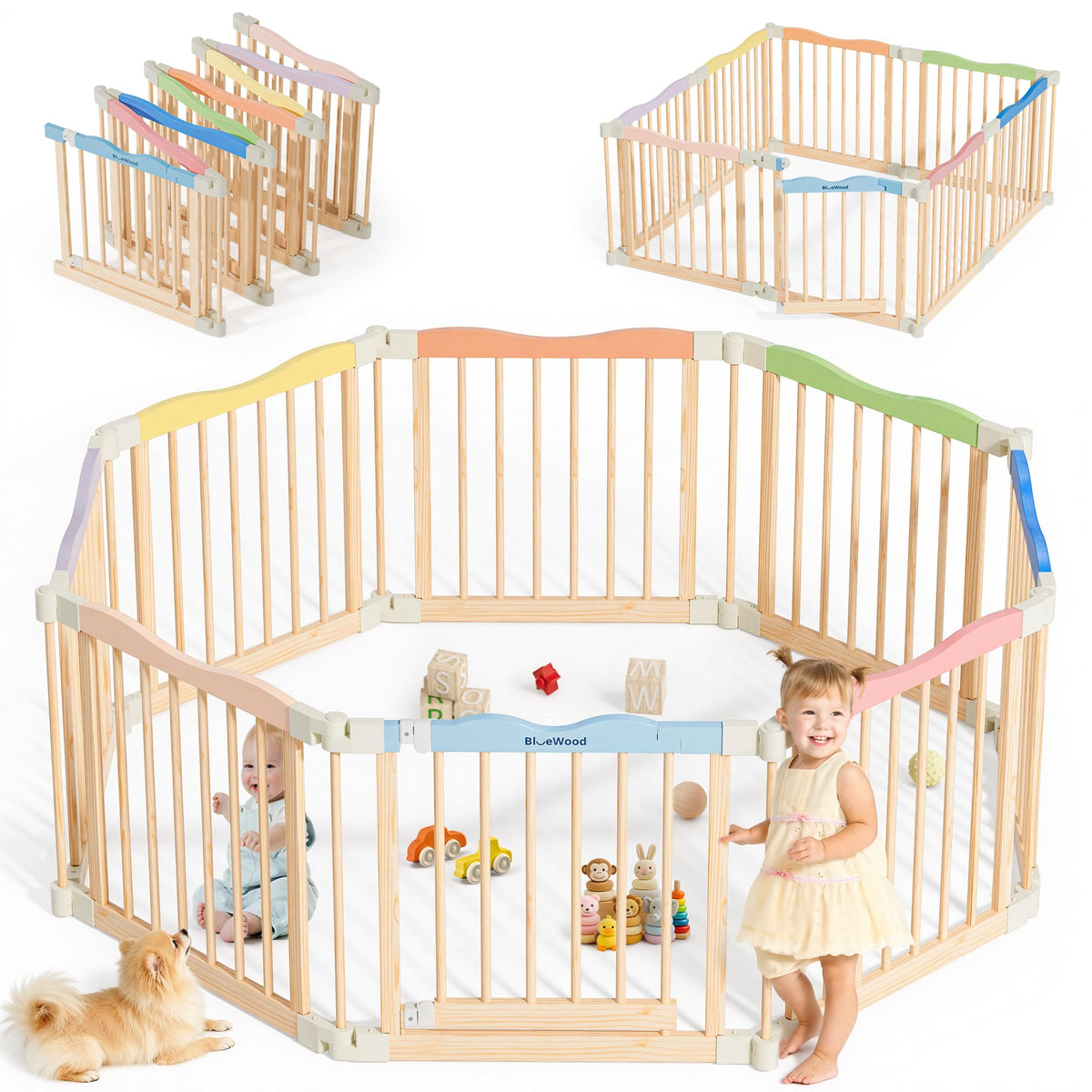 BlueWood Foldable Wooden Playpen front view showing safe, spacious play area