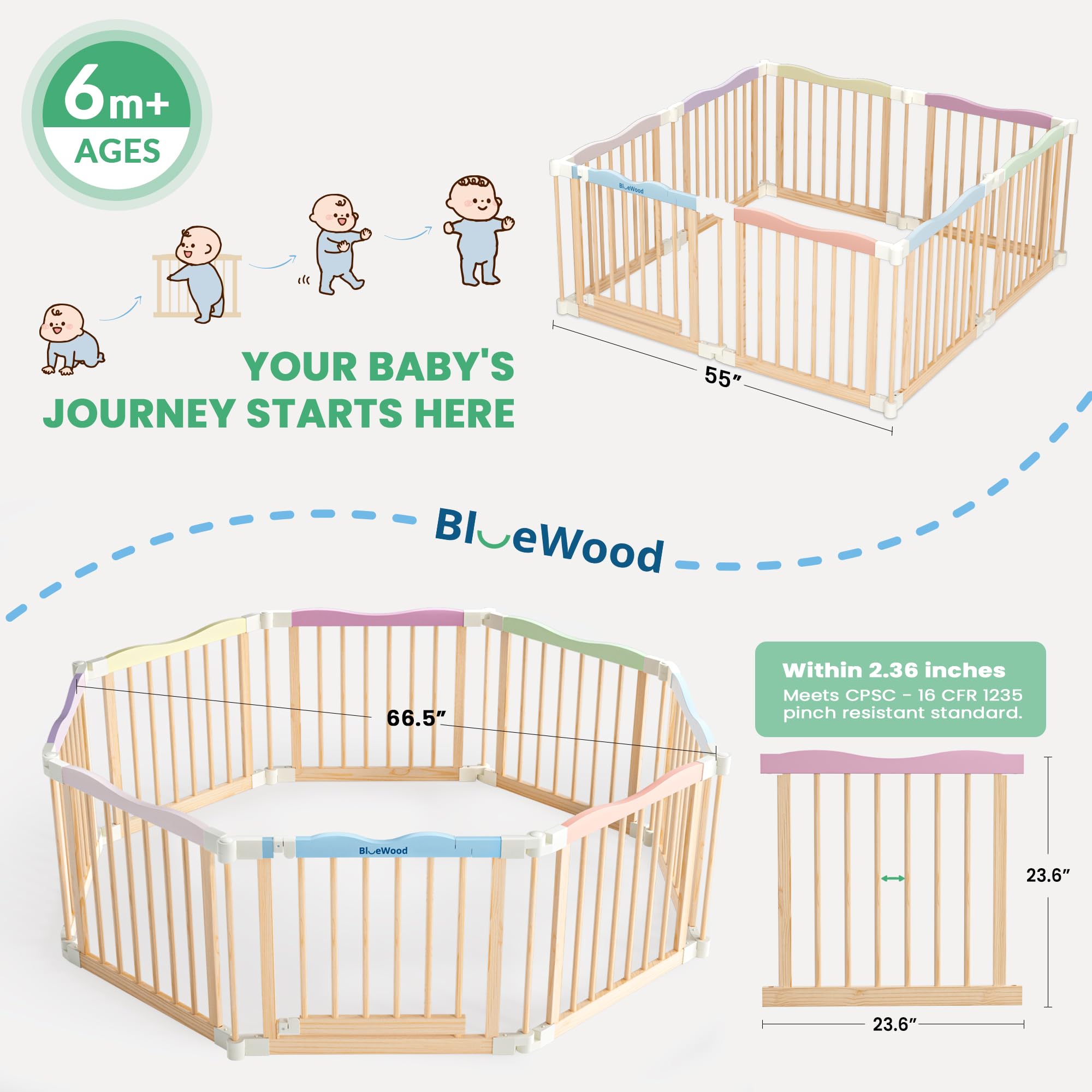 BlueWood Foldable Wooden Playpen gate with double-lock for enhanced safety