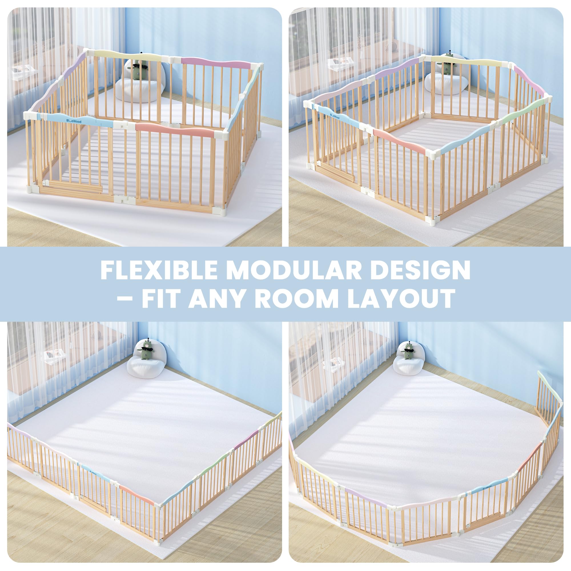 BlueWood Foldable Wooden Playpen in a cozy playroom for safe exploration