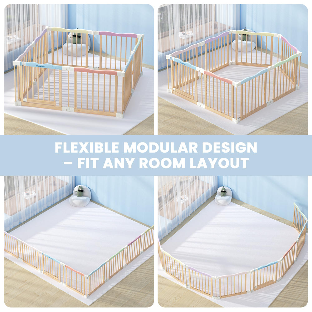 BlueWood Foldable Wooden Playpen in a cozy playroom for safe exploration