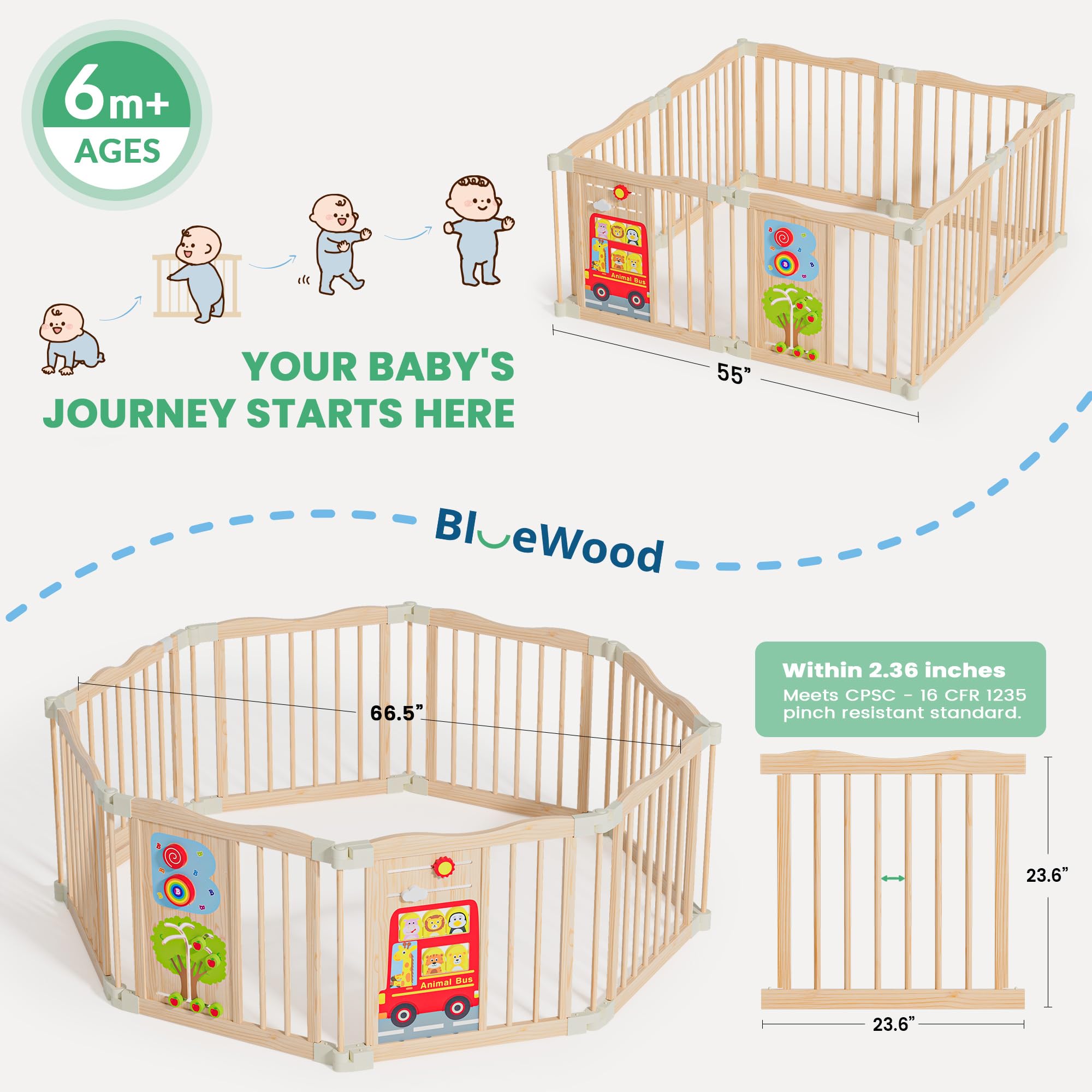 BlueWood playpen 270-degree connectors layout enables customized shapes for living room layouts.