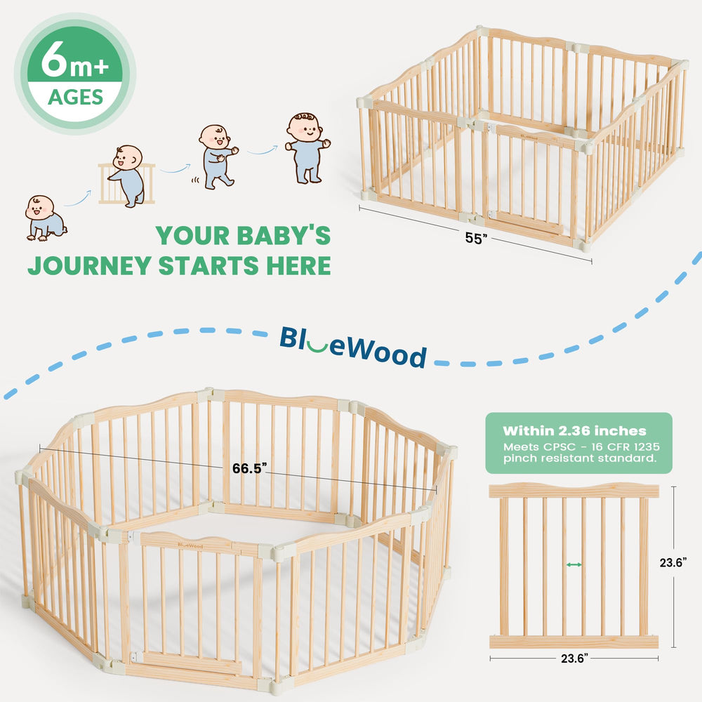 BlueWood playpen gate lock demonstrates double lock for added safety.