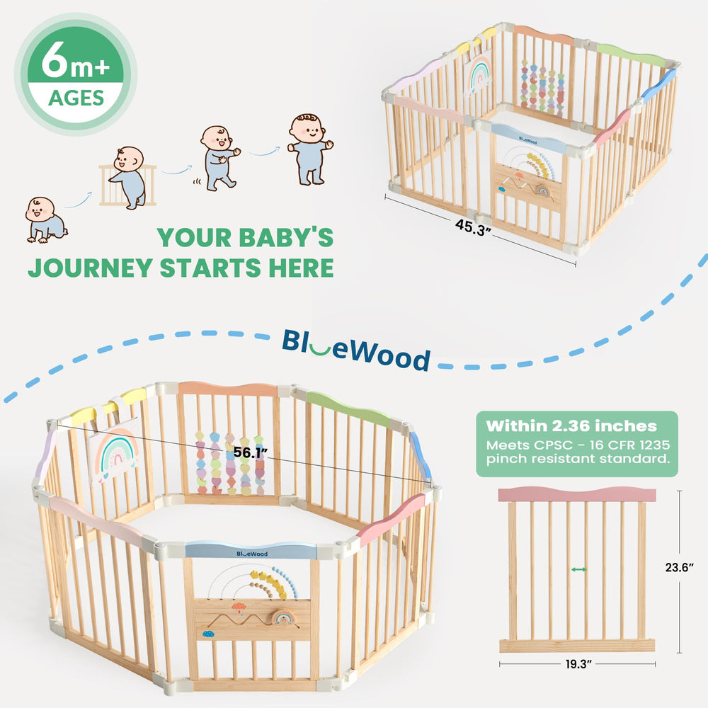 BlueWood playpen features rounded edges for gentle exploration