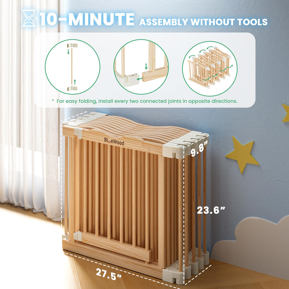 BlueWood wooden baby play yard demonstrates flexible layouts for small rooms.