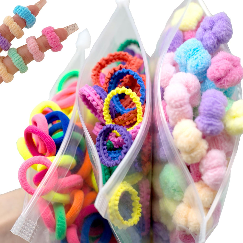 BlueZOO 3 Textures hair ties close-up, gentle on hair and snag-free.