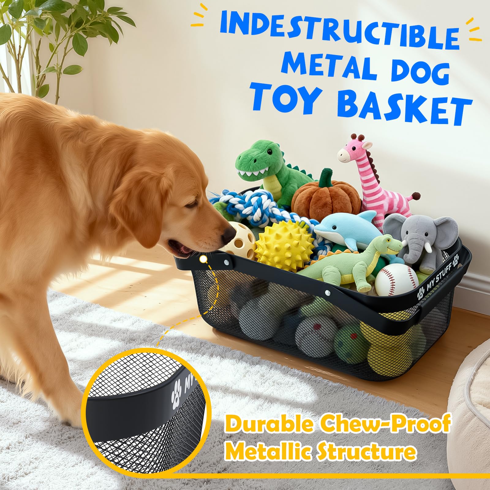 BluPup toy basket in black finish complements modern living room decor.