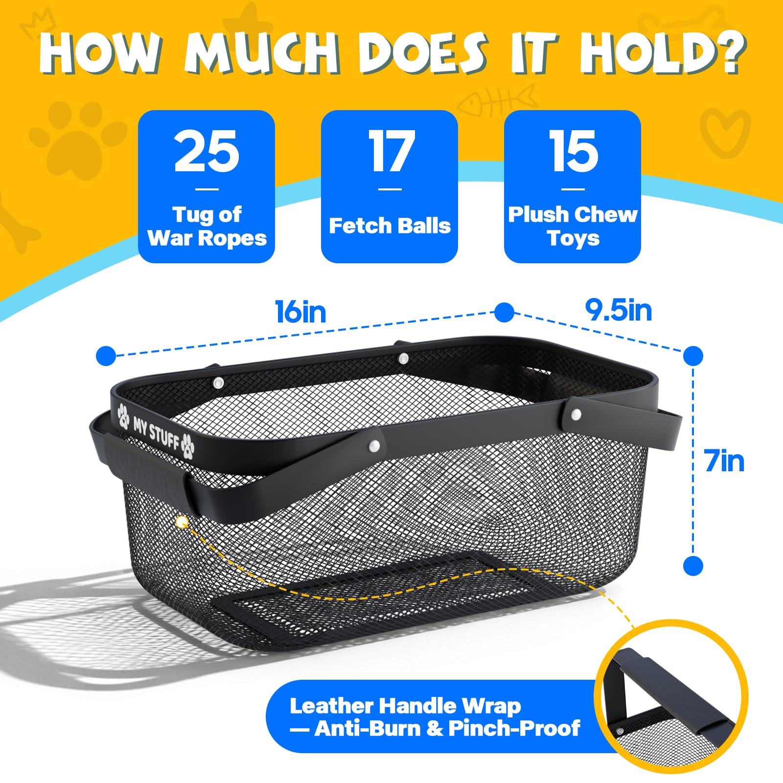 BluPup mesh basket keeps various pet items organized and easy to wipe down.