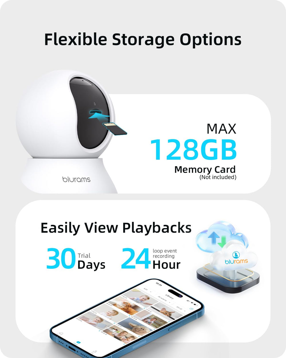 Blurams Storage options include cloud and microSD up to 128GB for flexible footage.